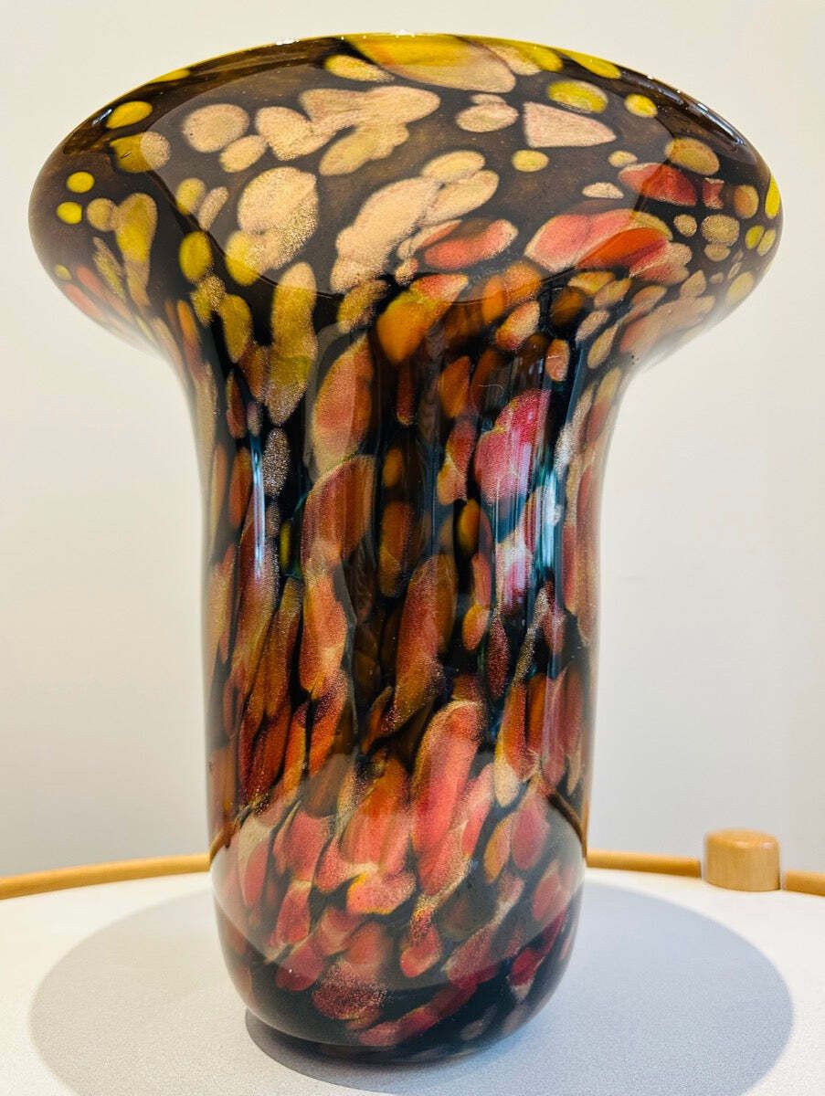 1990s American Contemporary Handblown Brown & Black Aventurine Glass Vase photo vintage