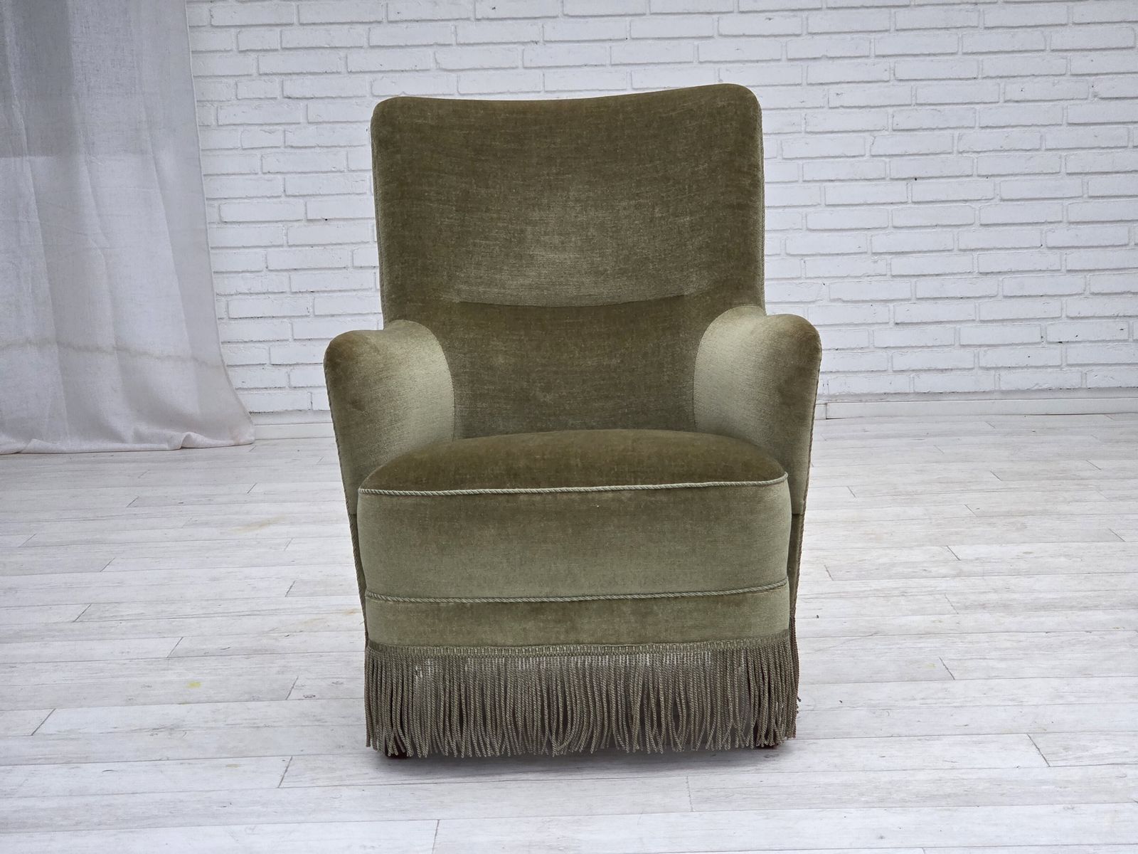 1970s, Danish Highback Armchair, Green Furniture Velour. photo 900.0