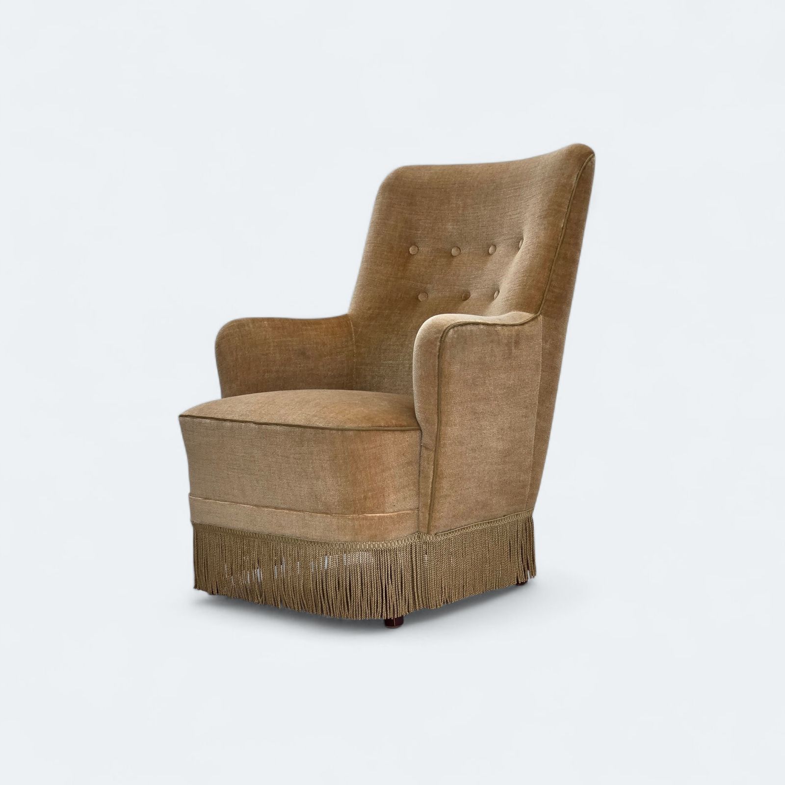 1970s, Danish Highback Armchair, Light Green Furniture Velour.