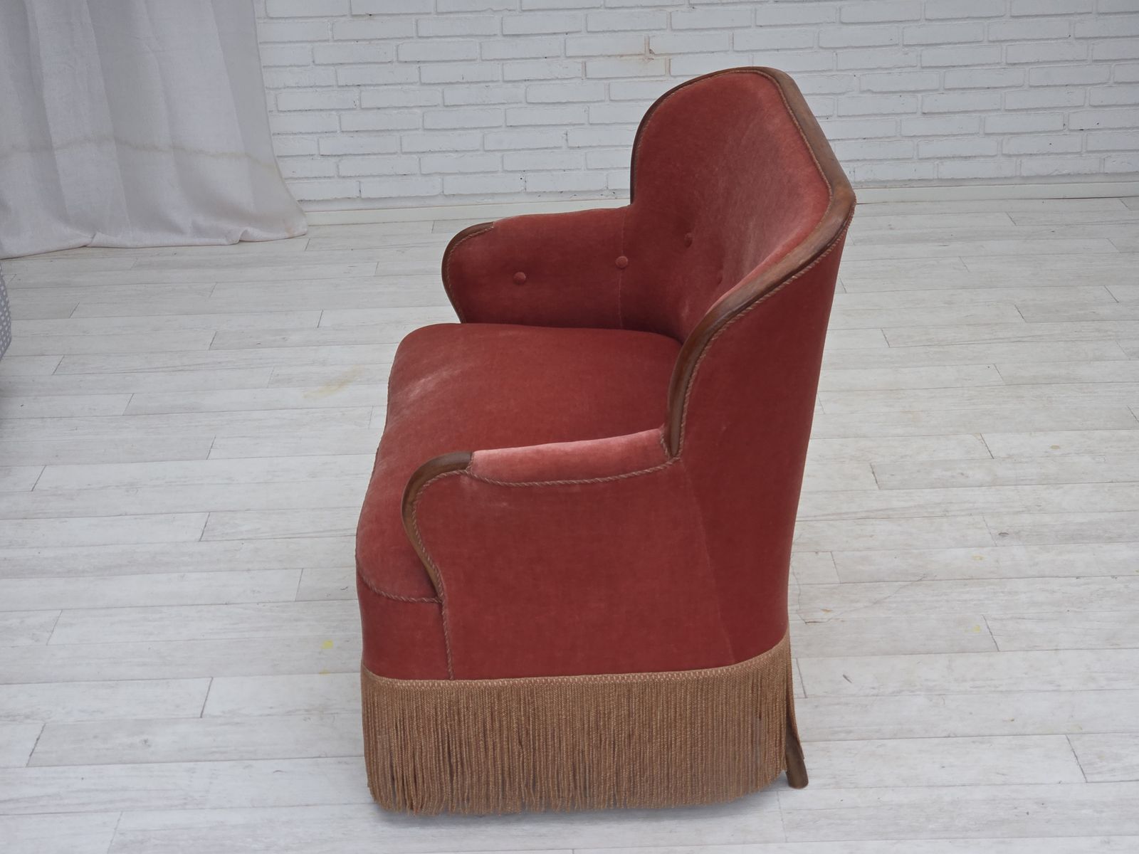 1930s, Danish 2 Seater Sofa, Salmon Pink Furniture Velour, Ash Wood. photo vintage