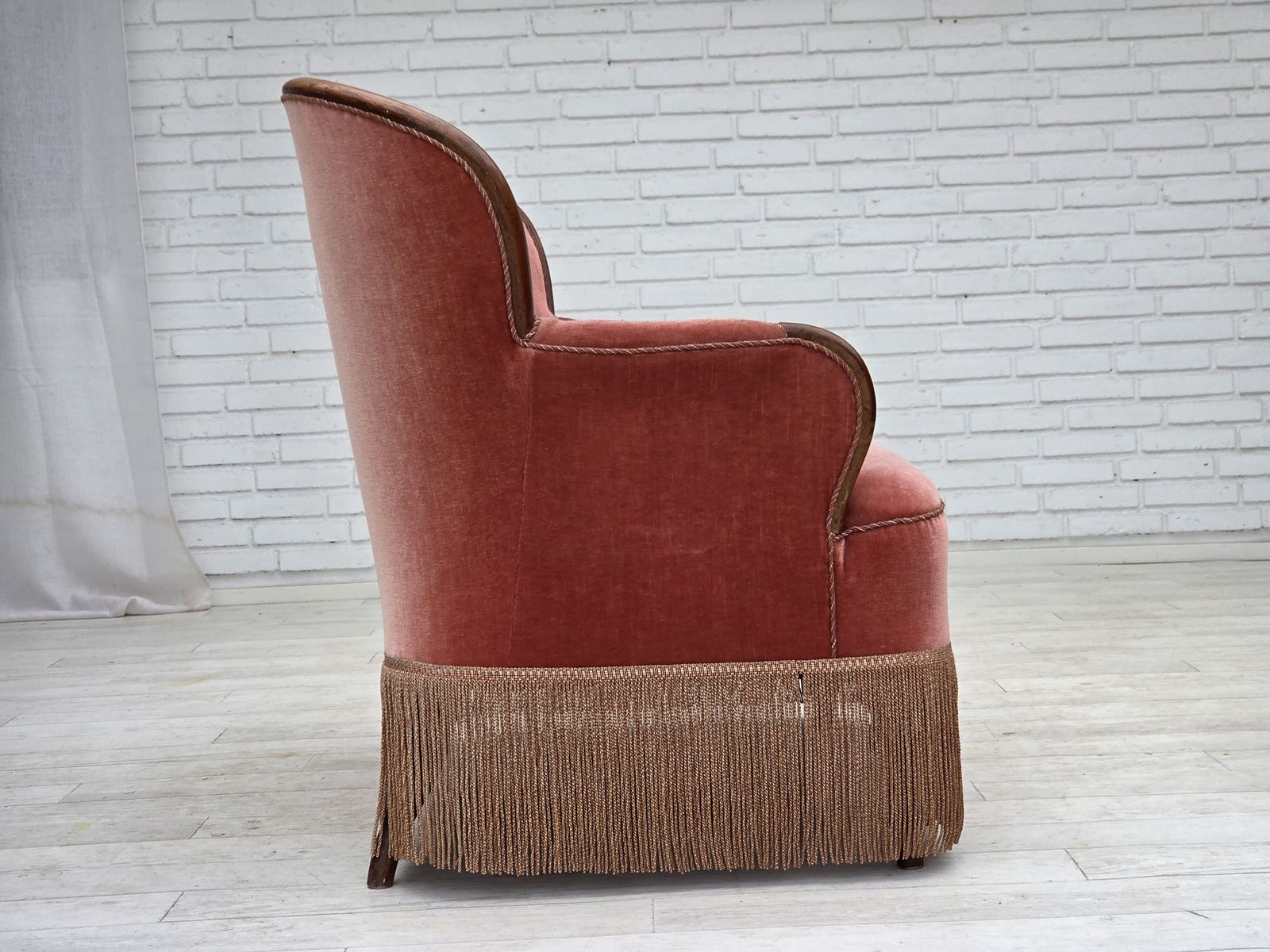 Furniture 1930s, Danish 2 Seater Sofa, Salmon Pink Furniture Velour, Ash Wood. photo