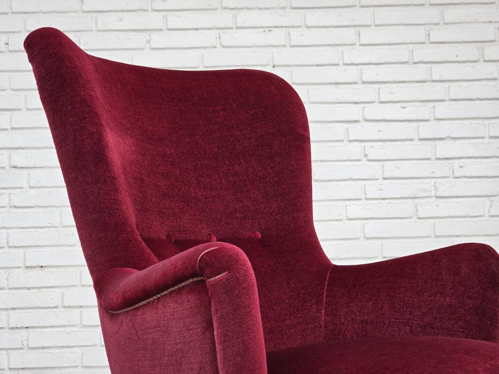 1970s, Danish Highback Armchair, Red Furniture Velour, Beech Wood. photo vintage