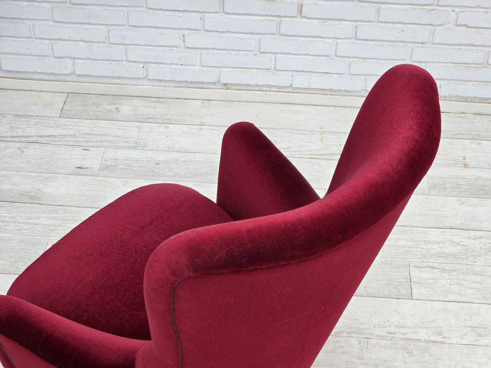 1050.0 1970s, Danish Highback Armchair, Red Furniture Velour, Beech Wood. photo