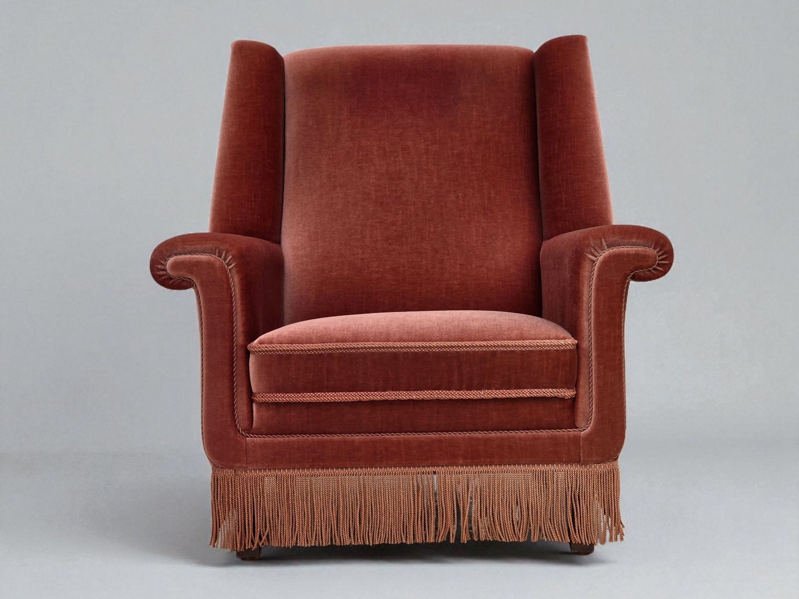 1970s, Danish Highback Armchair, Salmon Pink Furniture Velour, Beech Wood.