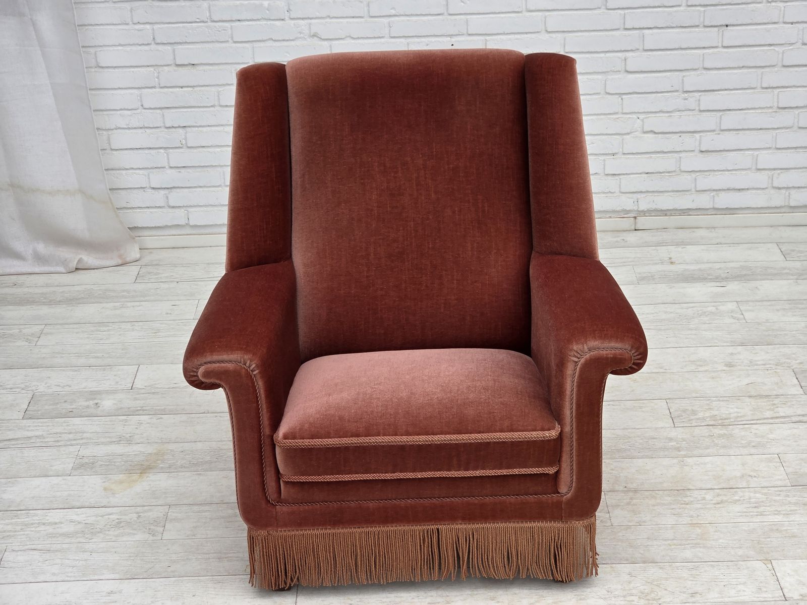 1970s, Danish Highback Armchair, Salmon Pink Furniture Velour, Beech Wood. photo 1270.0