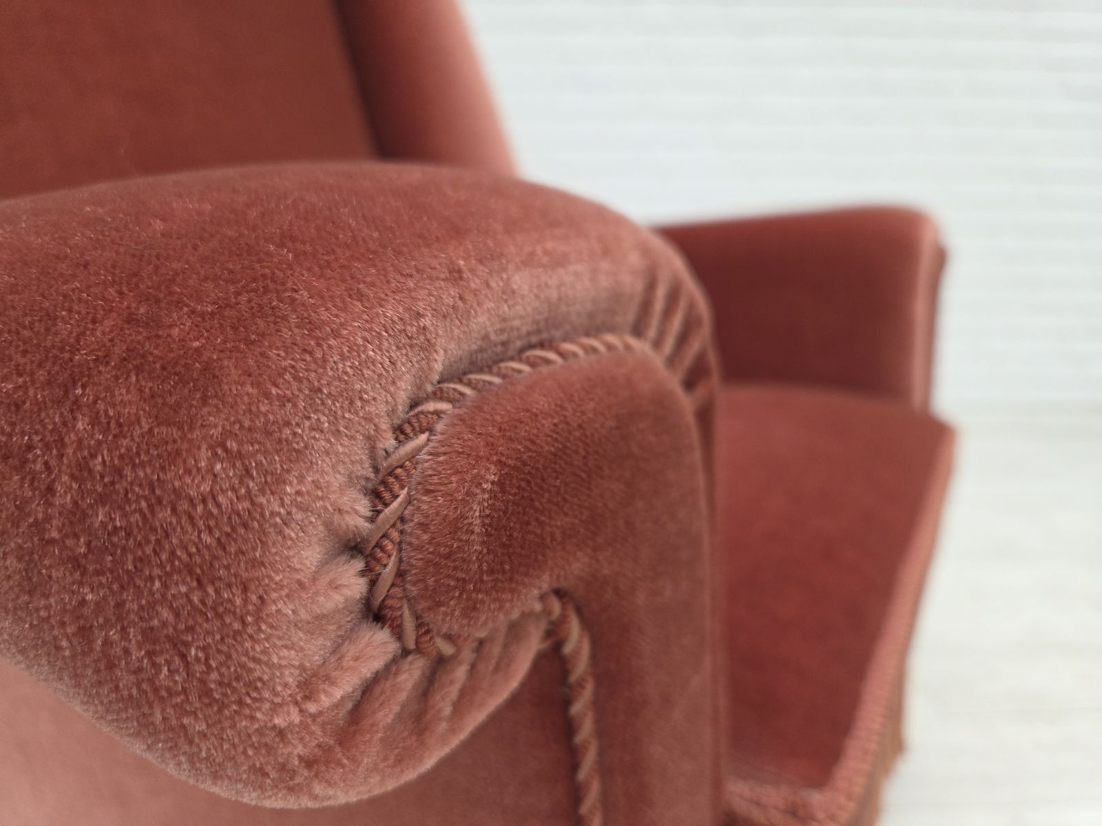 1970s, Danish Highback Armchair, Salmon Pink Furniture Velour, Beech Wood. photo buy