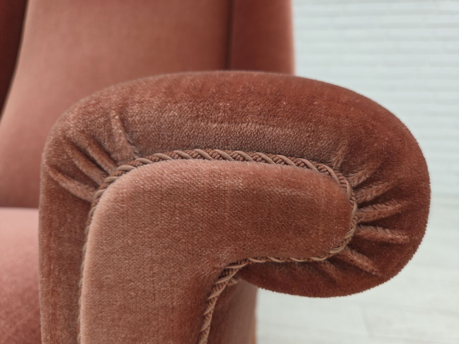 photo furniture 1970s, Danish Highback Armchair, Salmon Pink Furniture Velour, Beech Wood.
