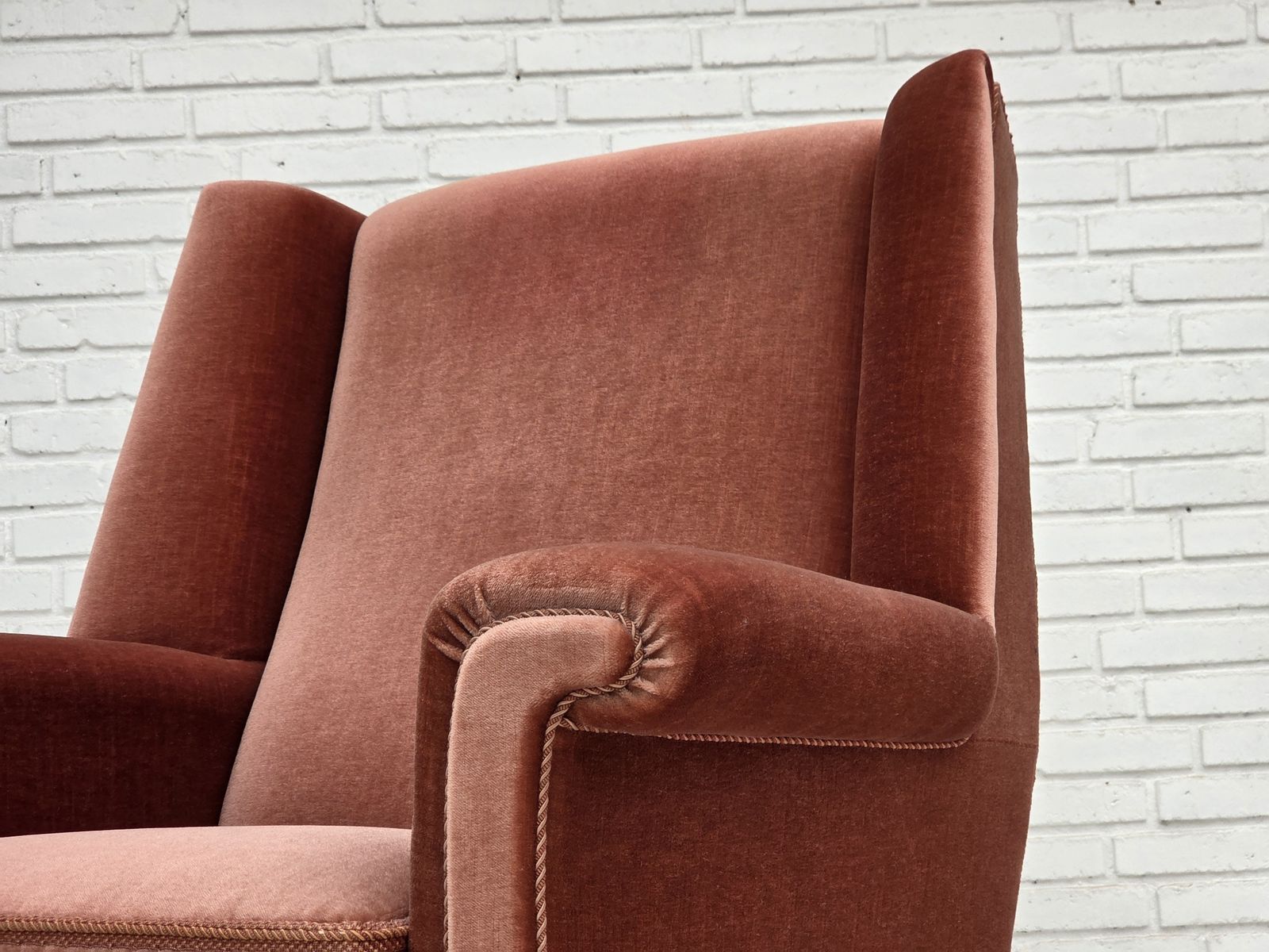 photo vinterior 1970s, Danish Highback Armchair, Salmon Pink Furniture Velour, Beech Wood.