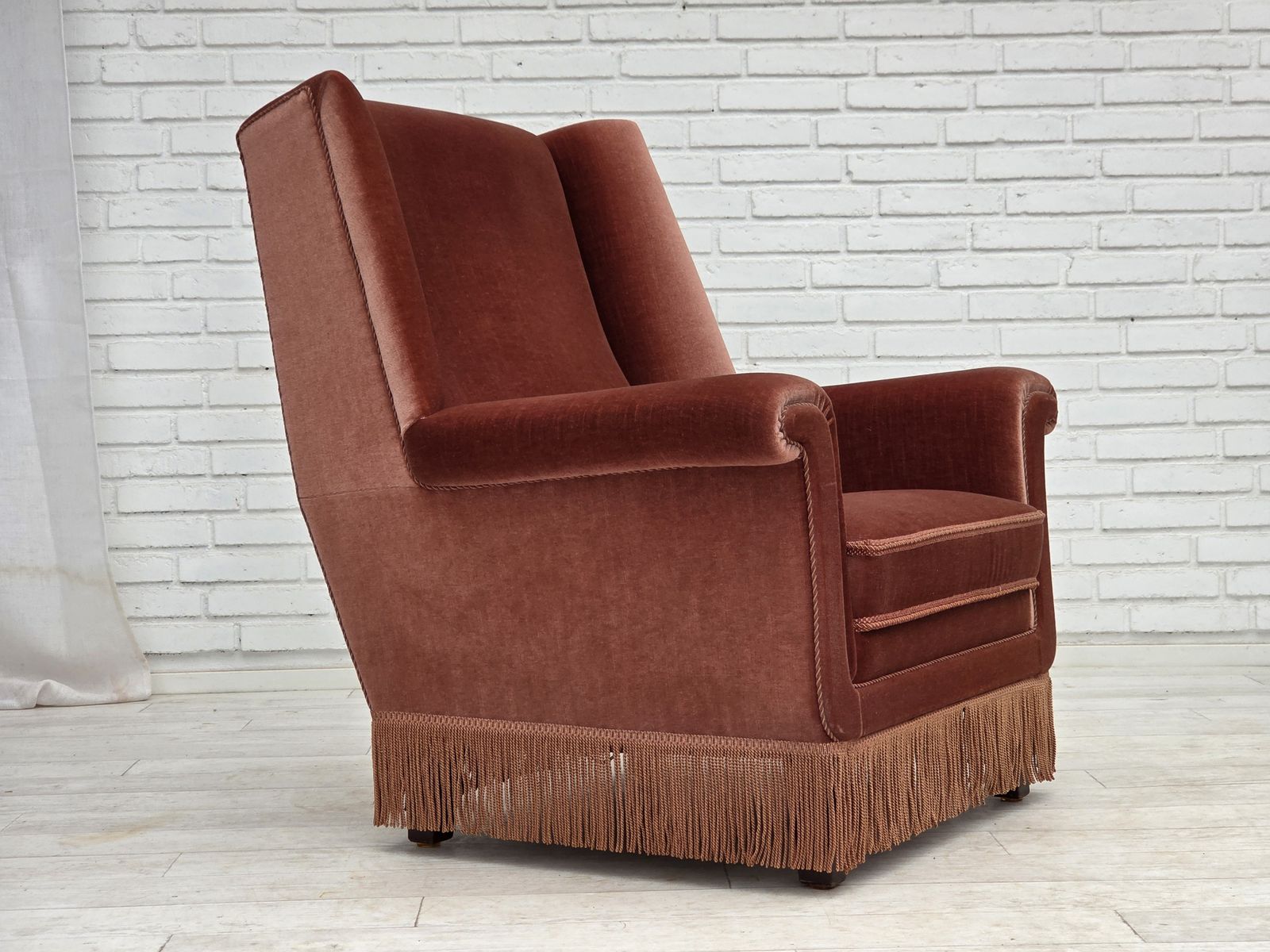 photo buy 1970s, Danish Highback Armchair, Salmon Pink Furniture Velour, Beech Wood.
