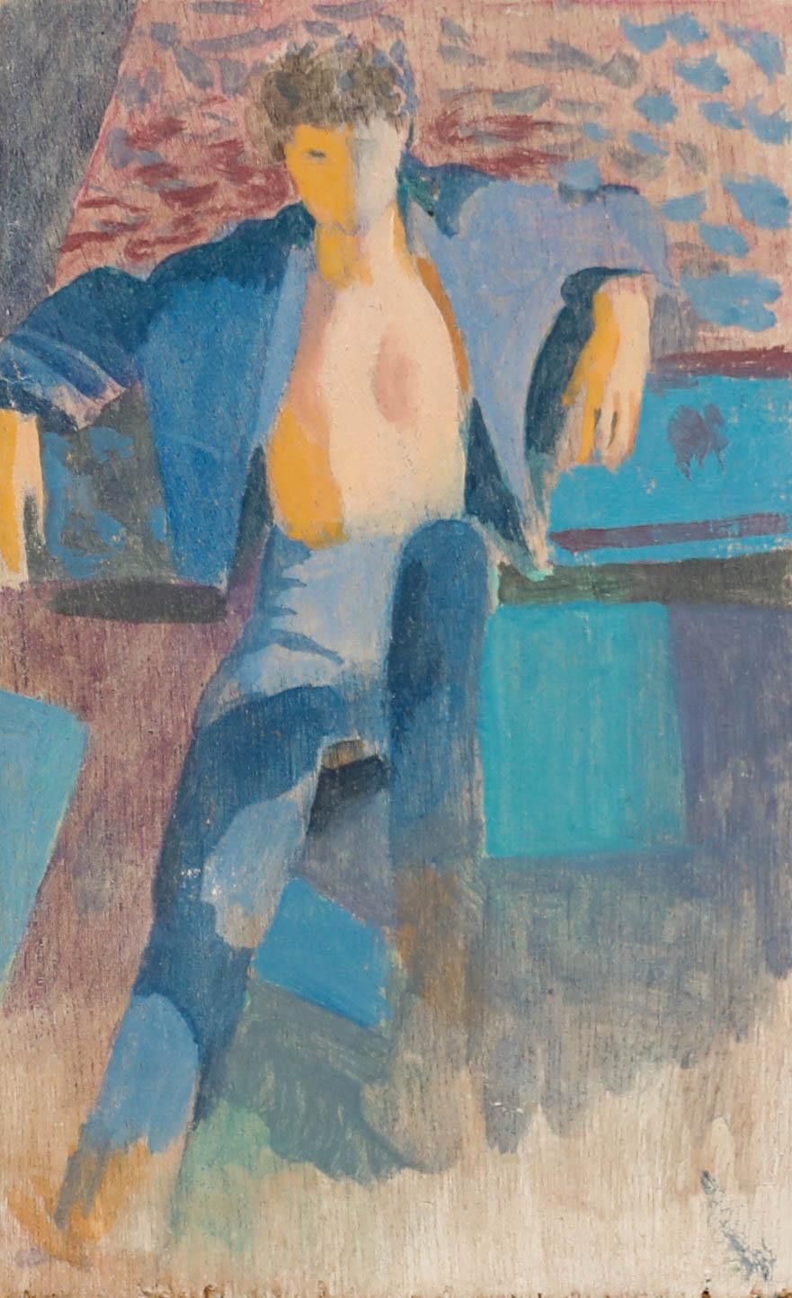 Bernadette Kelly (B.1933) 20th Century Oil, Gentleman In Blue photo furniture