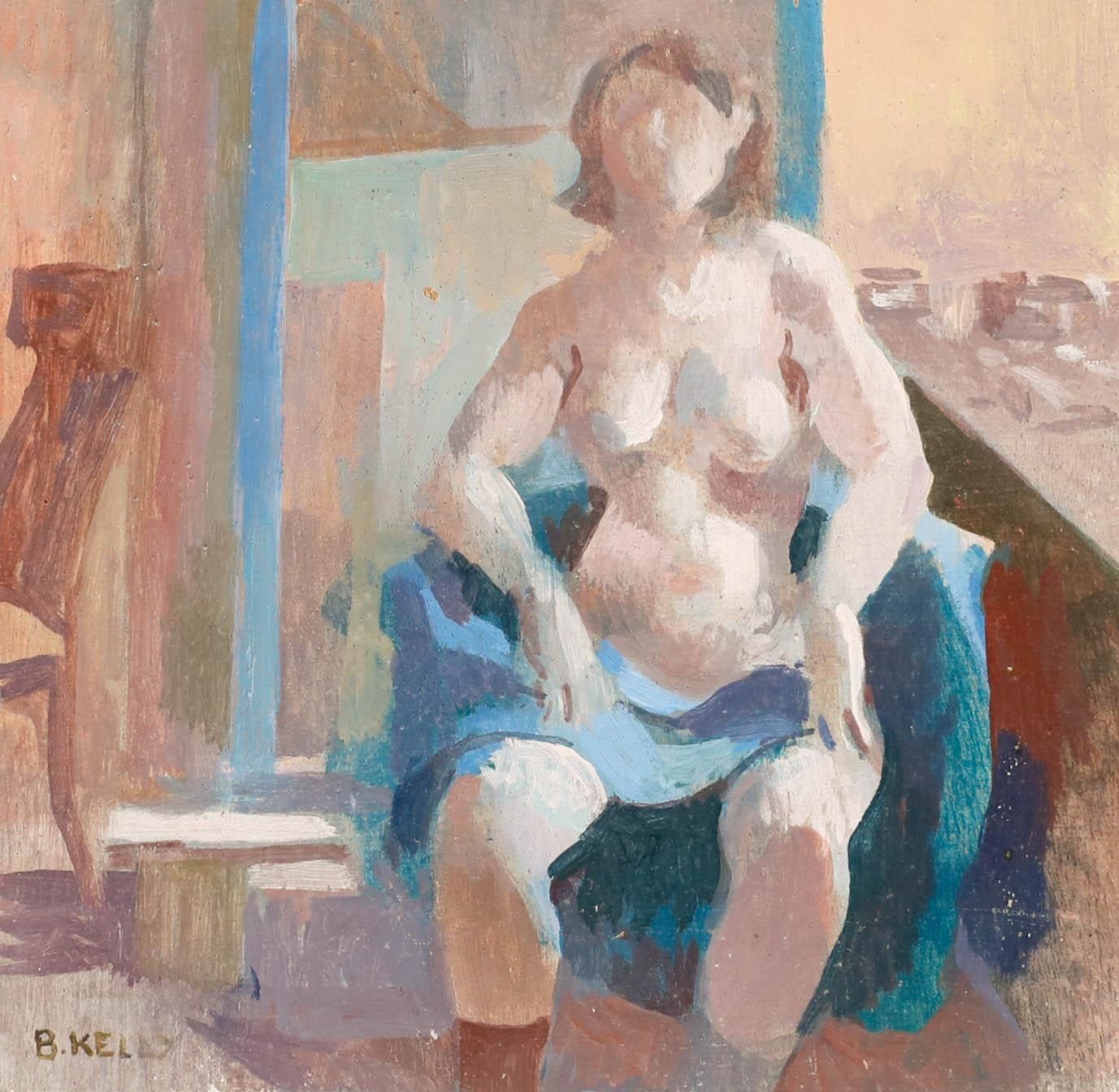 Bernadette Kelly (B.1933) 20th Century Oil, Nude With Blue Blanket photo furniture