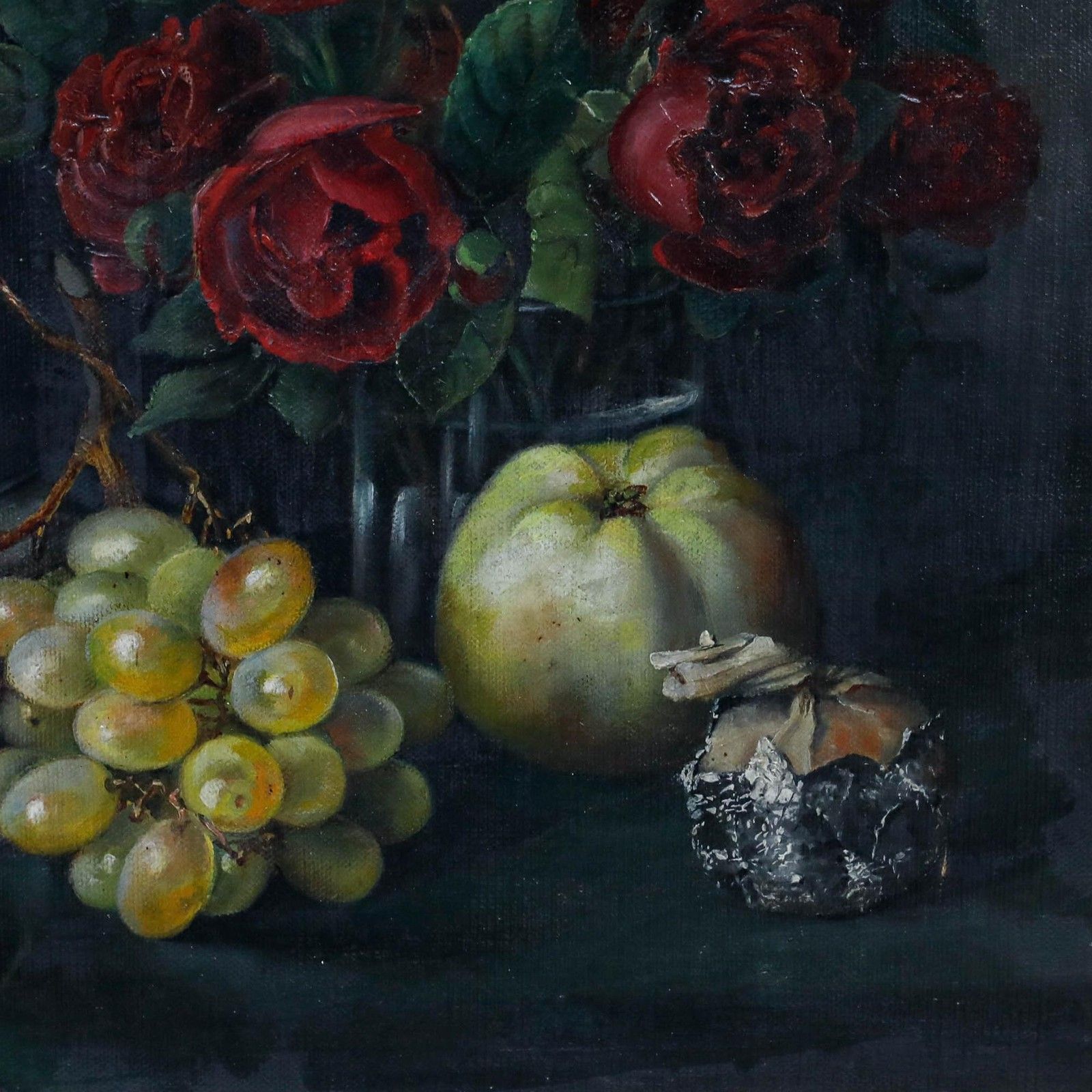 German School Early 20th Century Oil Still Life With A Jug, Roses, And Fruit photo Art