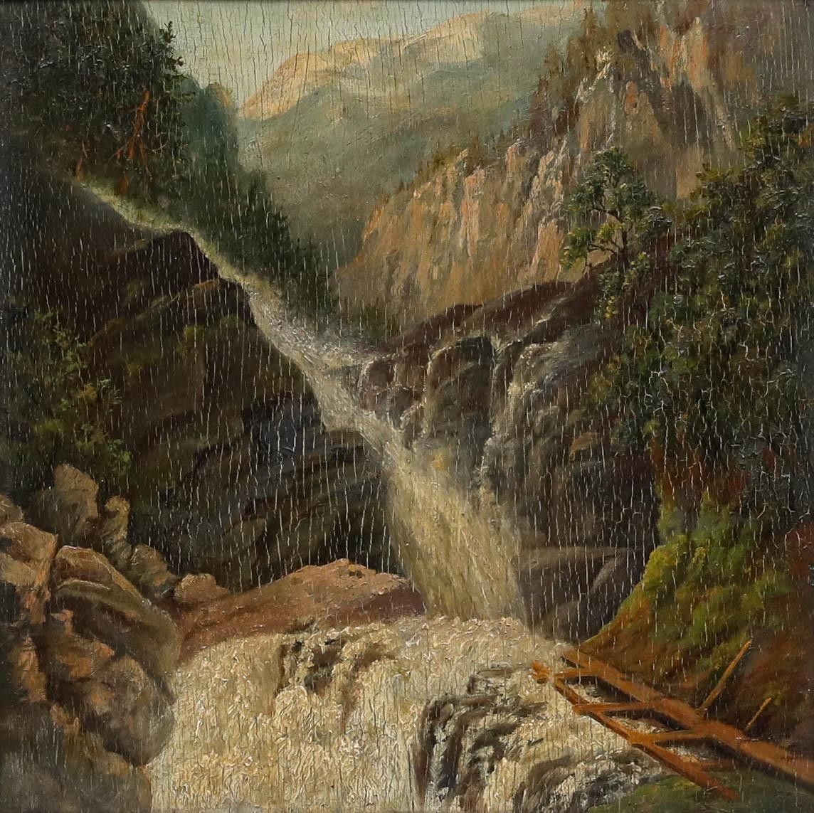 Framed Early 20th Century Oil Waterfall In The Mountains photo furniture