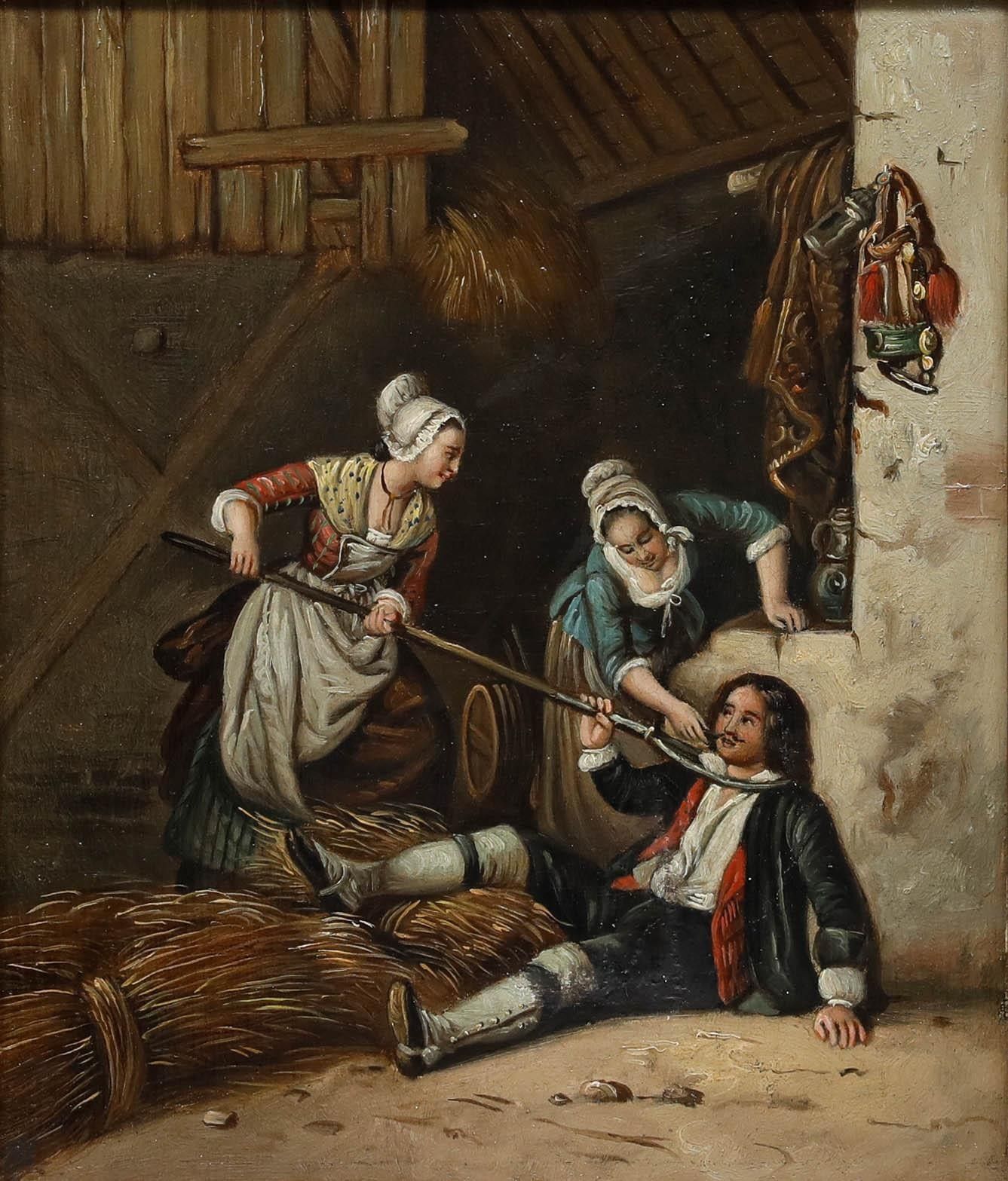 After Jean Alphonse Roehn (1799 1864) 19th Century Oil, Teasing The Farm Hand photo furniture