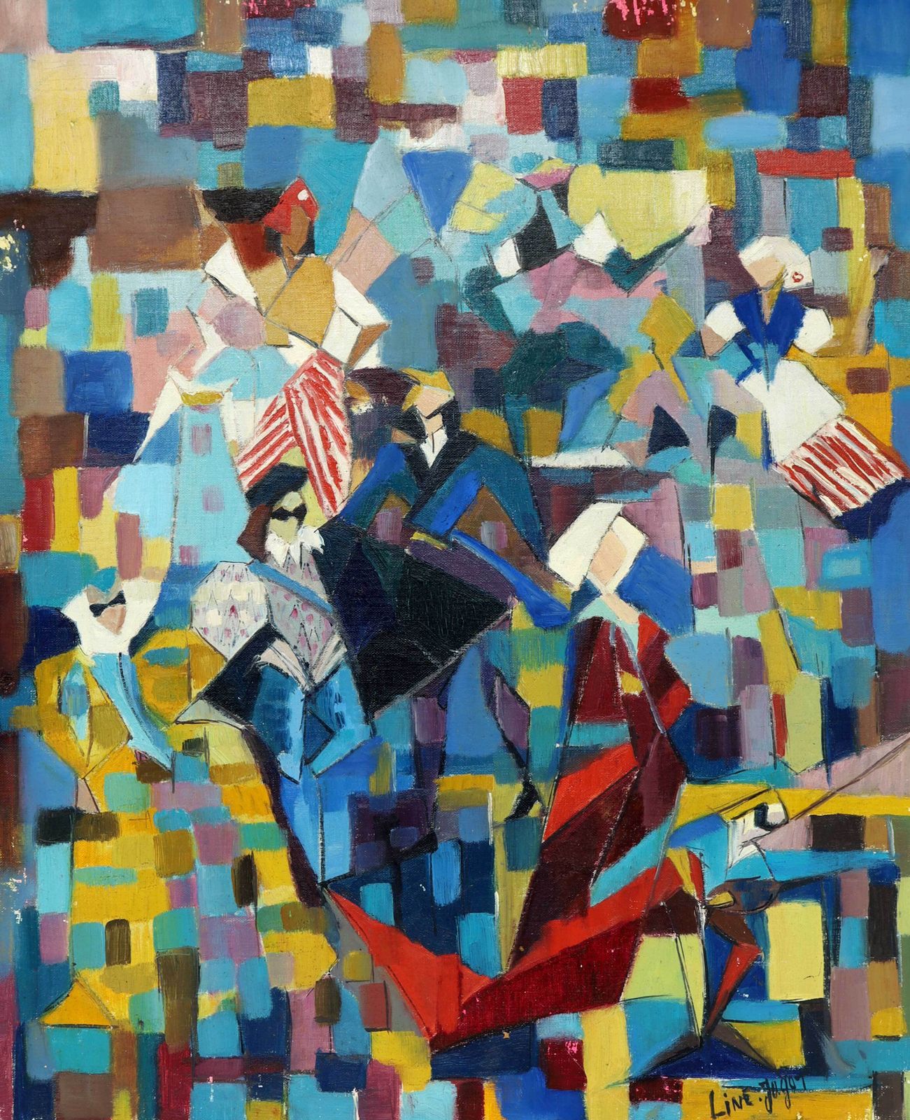 Abstract Oil Painting Titled 'Carnival' 1959 By French Artist Geneviève Liné Jagot (1920–2001) photo furniture