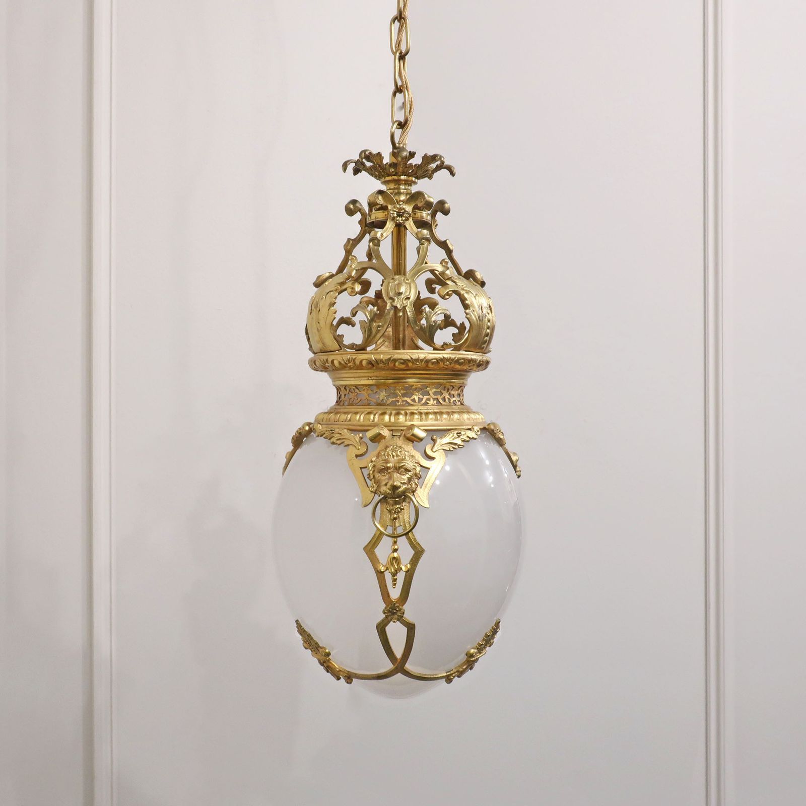 Victorian Gilt Bronze & Opaline Glass Pendant Lantern By Perry & Co