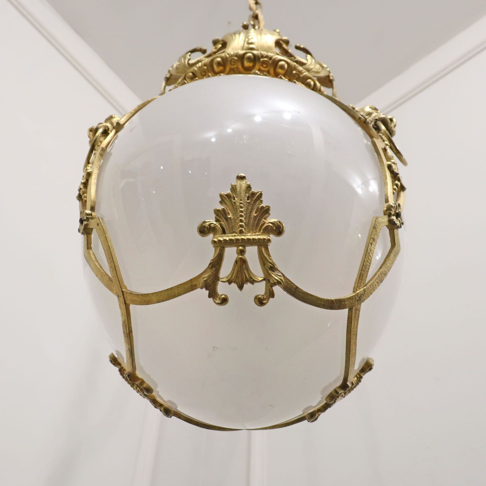 Victorian Gilt Bronze & Opaline Glass Pendant Lantern By Perry & Co photo vintage