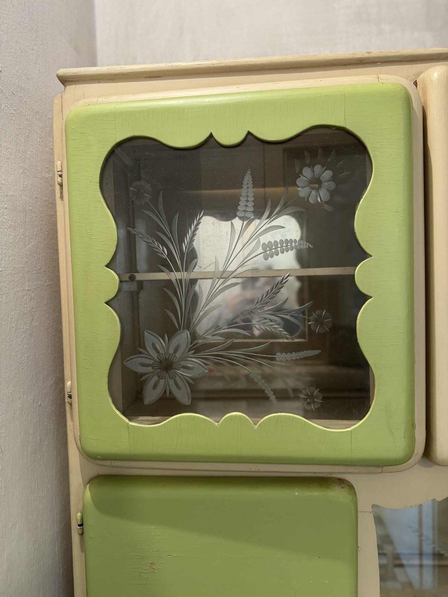 Hungarian Art Deco Green And Cream Kitchen Cabinet With Glass Doors, 1940s photo Furniture