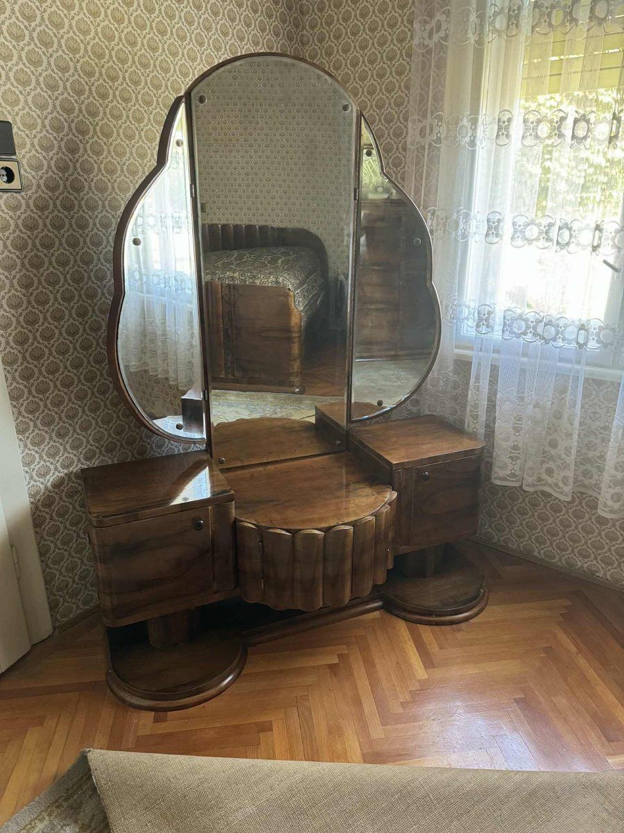 Art Deco Walnut Vanity Table With Triptych Mirror, 1930s