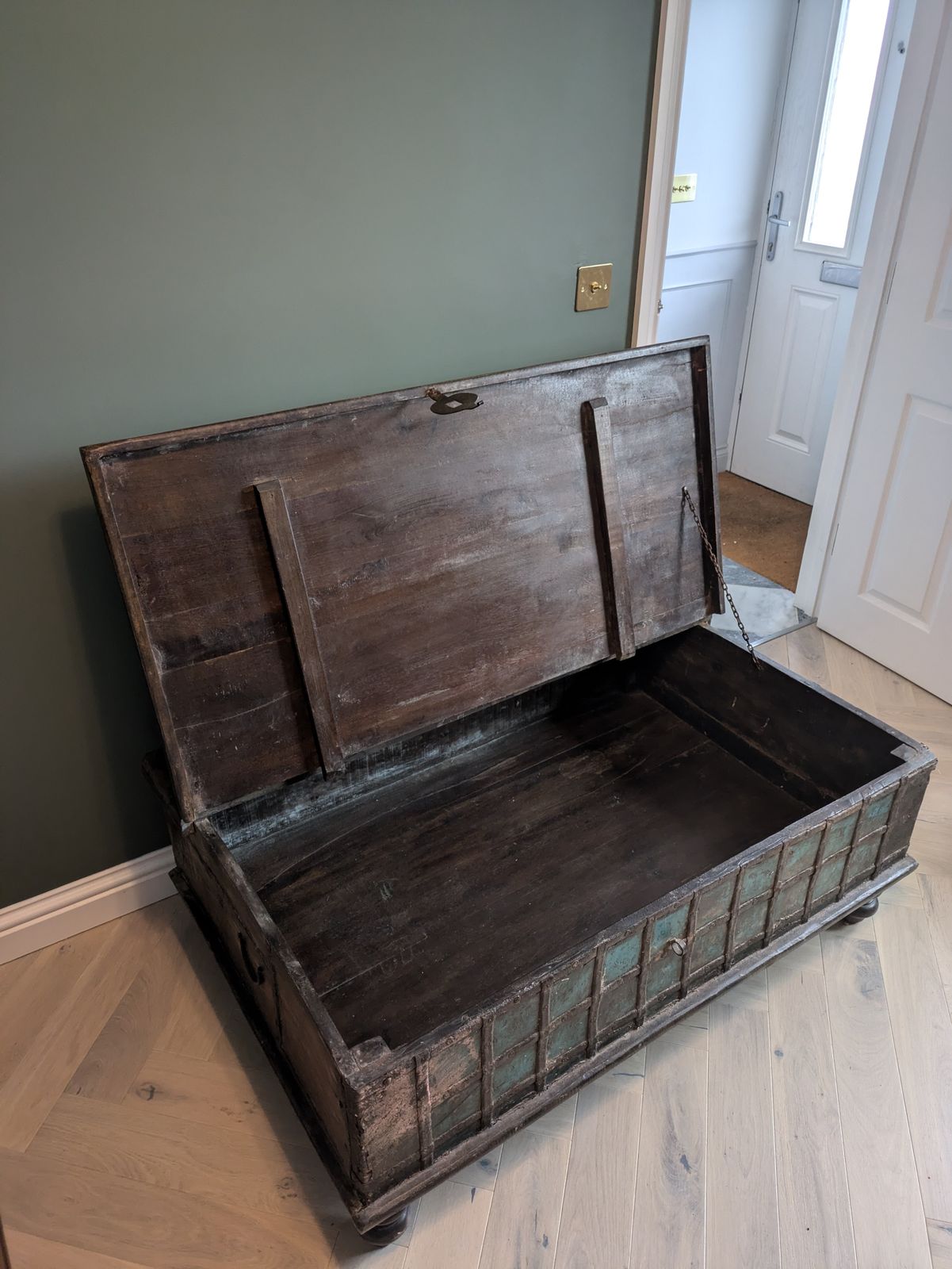 Vintage Indian Teak Dowry Chest With Iron Detailing & Aged Turquoise Patina