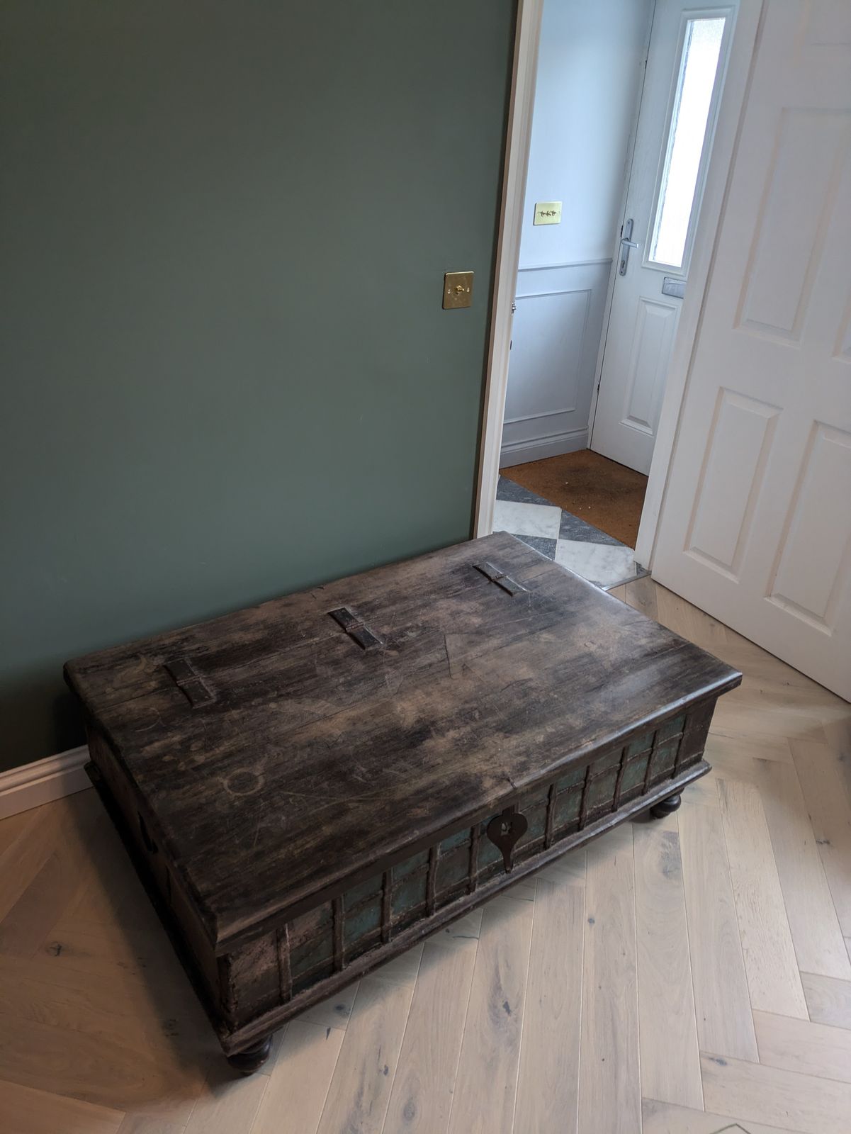 Vintage Indian Teak Dowry Chest With Iron Detailing & Aged Turquoise Patina photo furniture
