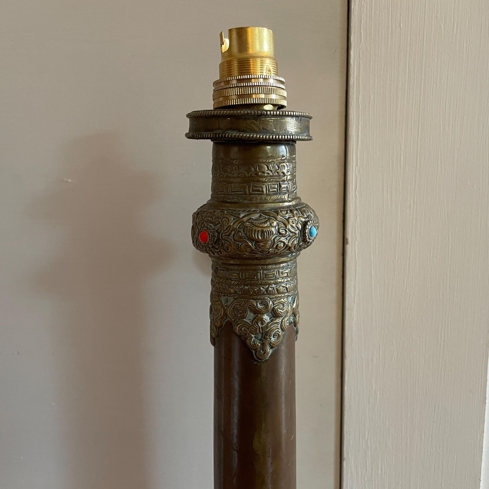 Antique Brass Copper Floor Lamp Made From Tibetan Dungchen Horn Ornate Repoussé Detailing Nepalese Himalayan Handcrafted Ornamental Lighting photo furniture