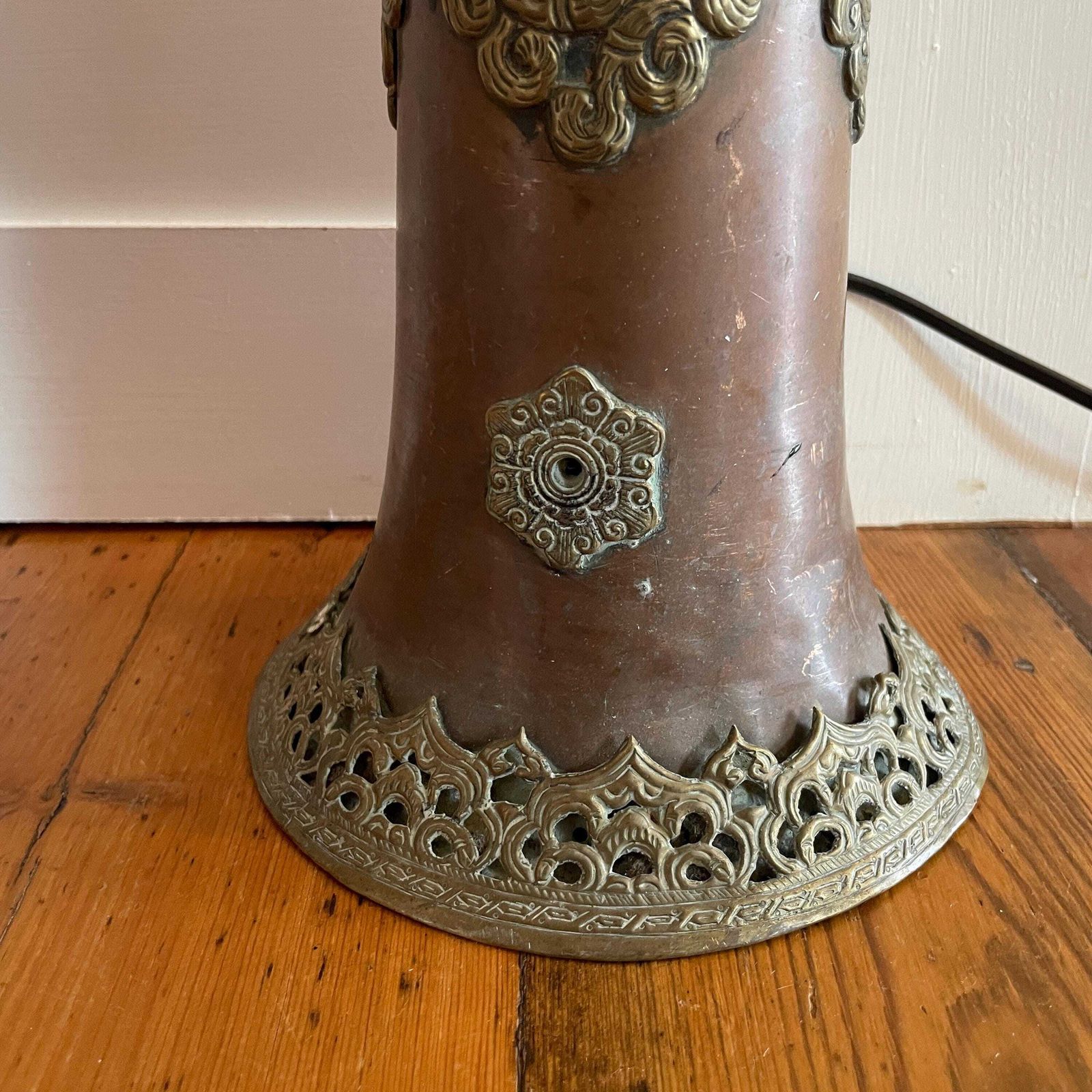 Antique Brass Copper Floor Lamp Made From Tibetan Dungchen Horn Ornate Repoussé Detailing Nepalese Himalayan Handcrafted Ornamental Lighting photo Lighting