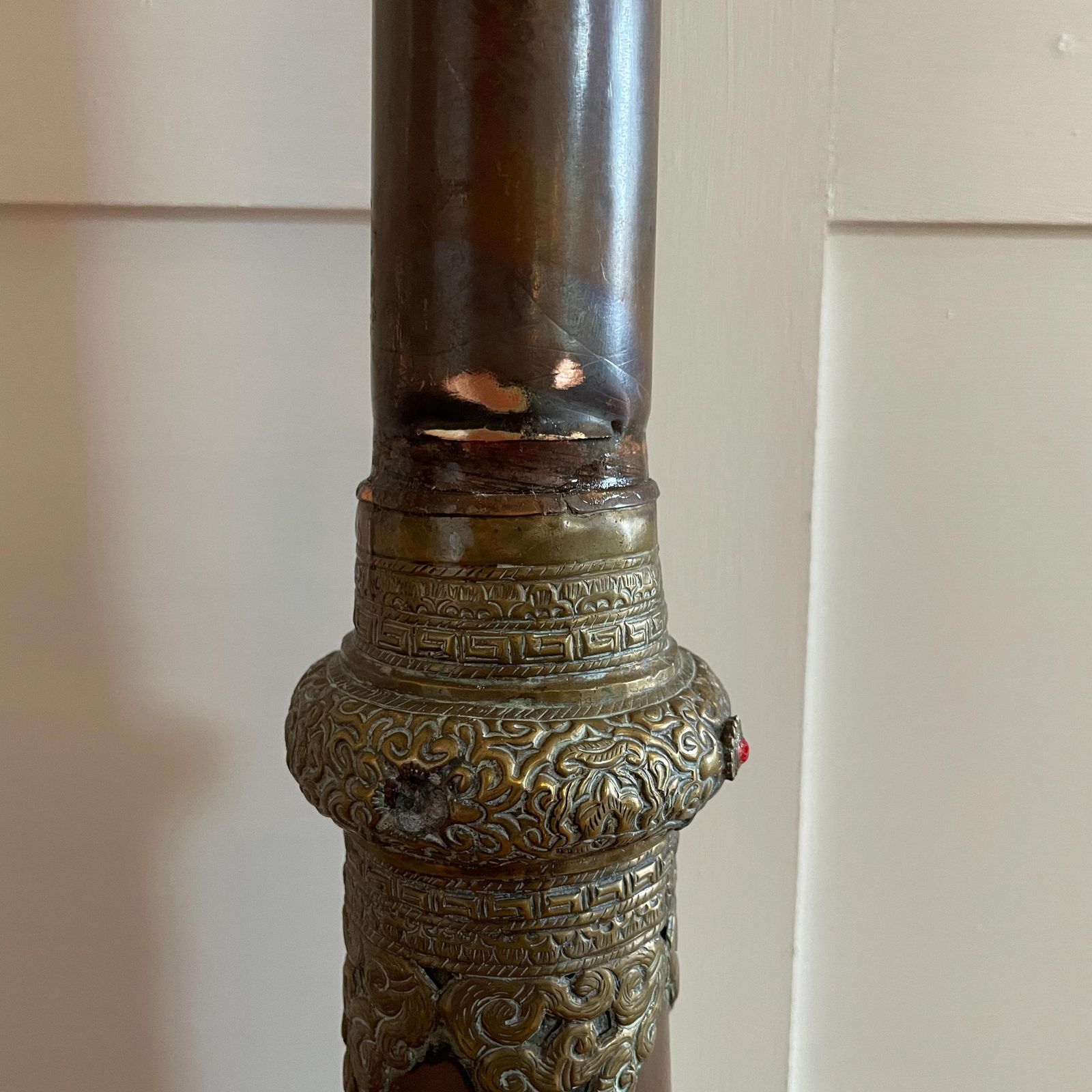Antique Brass Copper Floor Lamp Made From Tibetan Dungchen Horn Ornate Repoussé Detailing Nepalese Himalayan Handcrafted Ornamental Lighting photo vintage
