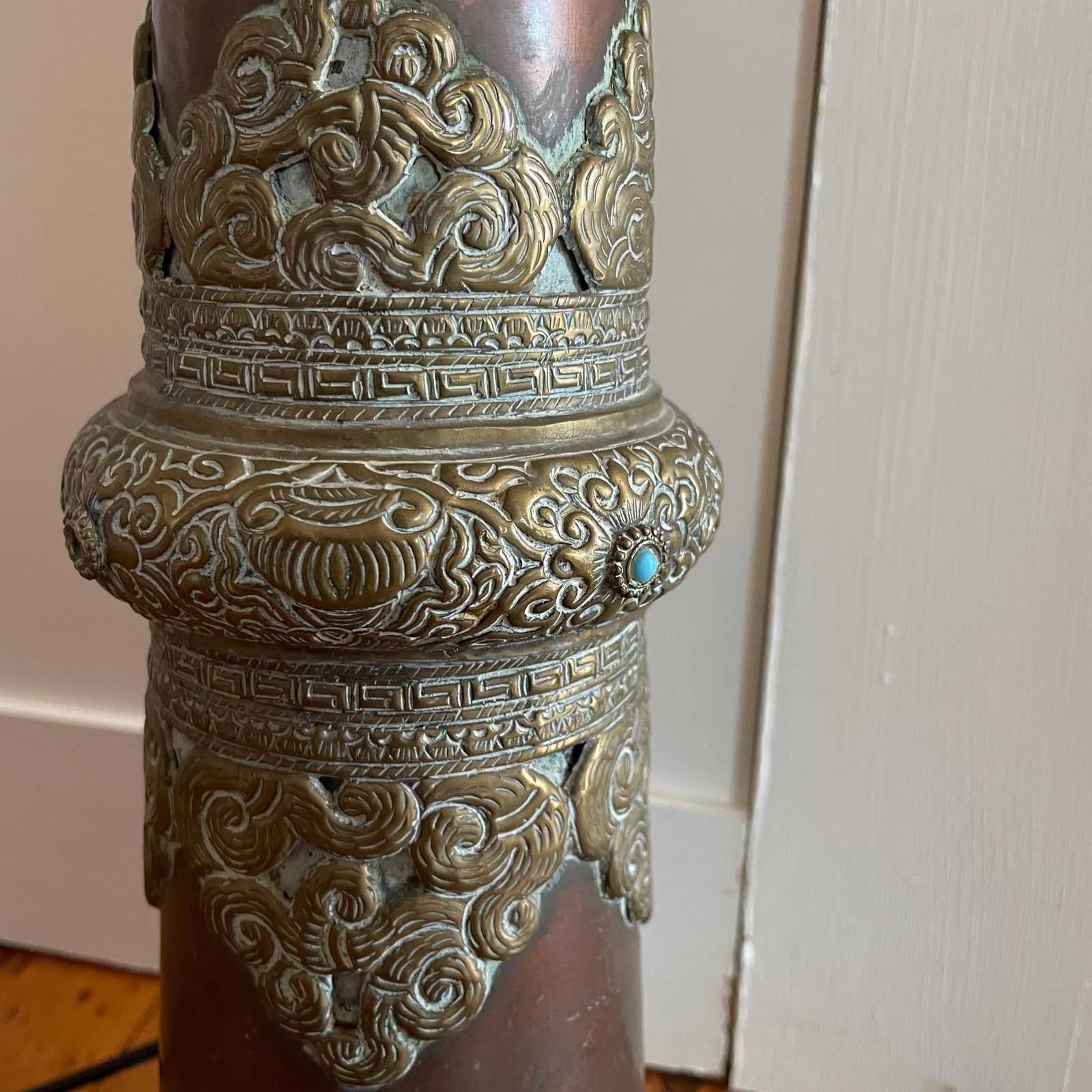Antique Brass Copper Floor Lamp Made From Tibetan Dungchen Horn Ornate Repoussé Detailing Nepalese Himalayan Handcrafted Ornamental Lighting photo vinterior