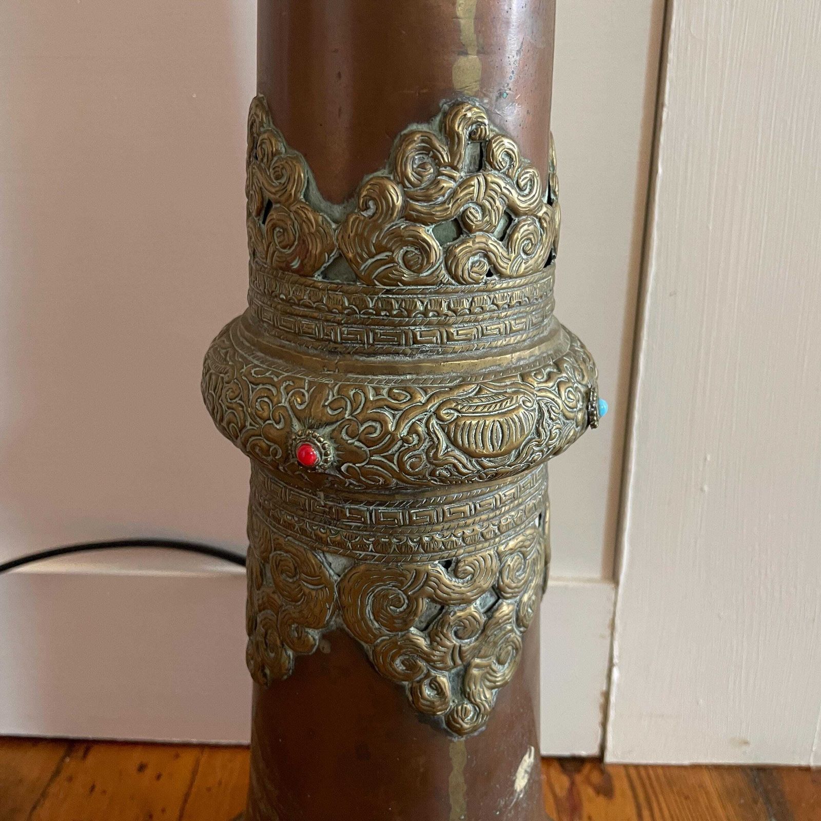 Antique Brass Copper Floor Lamp Made From Tibetan Dungchen Horn Ornate Repoussé Detailing Nepalese Himalayan Handcrafted Ornamental Lighting photo Lighting