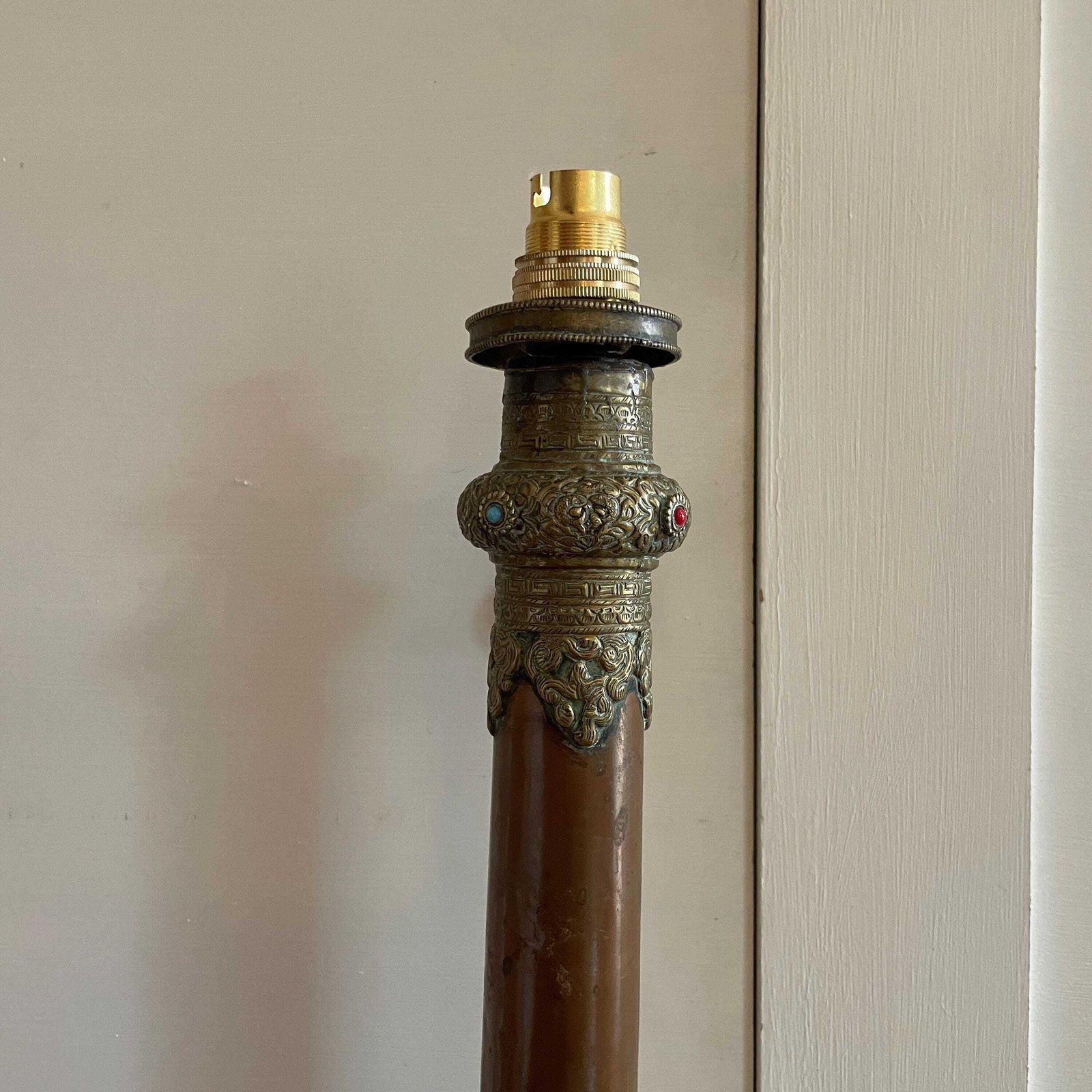 Antique Brass Copper Floor Lamp Made From Tibetan Dungchen Horn Ornate Repoussé Detailing Nepalese Himalayan Handcrafted Ornamental Lighting photo vinterior