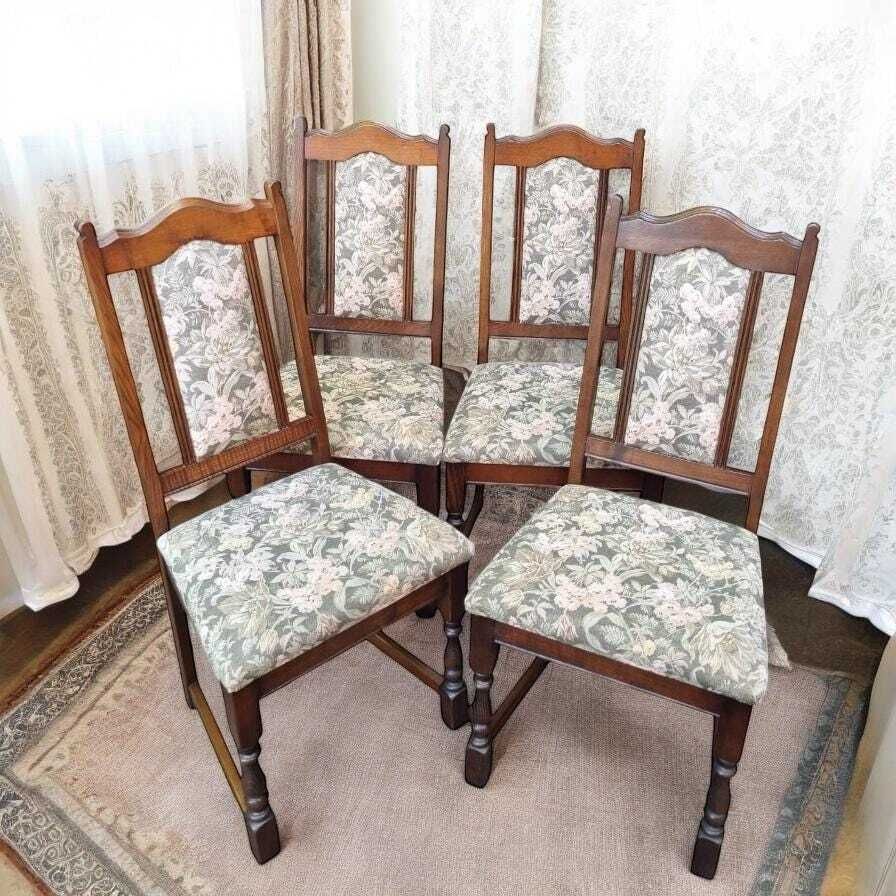 Vintage Old Charm Woodbros Oak Dining Chairs / Set Of 4 / Solid Oak Wooden Frames / Lovely Floral Design To Fabric