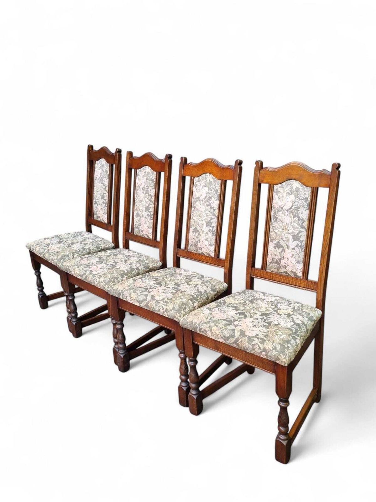 Vintage Old Charm Woodbros Oak Dining Chairs / Set Of 4 / Solid Oak Wooden Frames / Lovely Floral Design To Fabric photo buy
