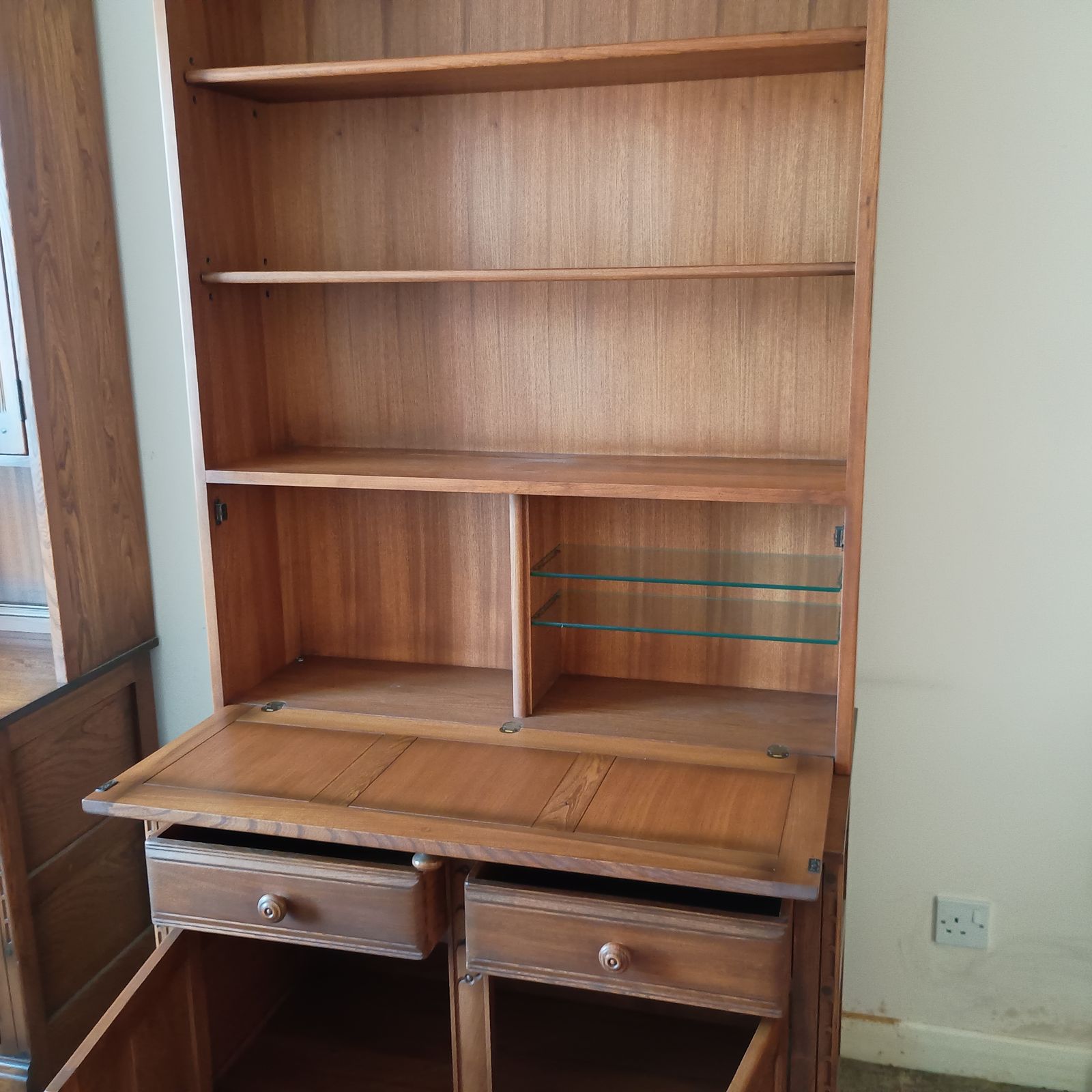 Ercol Old Colonial Cabinet With Mural Theme In Golden Dawn   Top Unit With Shelving And Drop Flap (584) And Base Unit (581) photo furniture