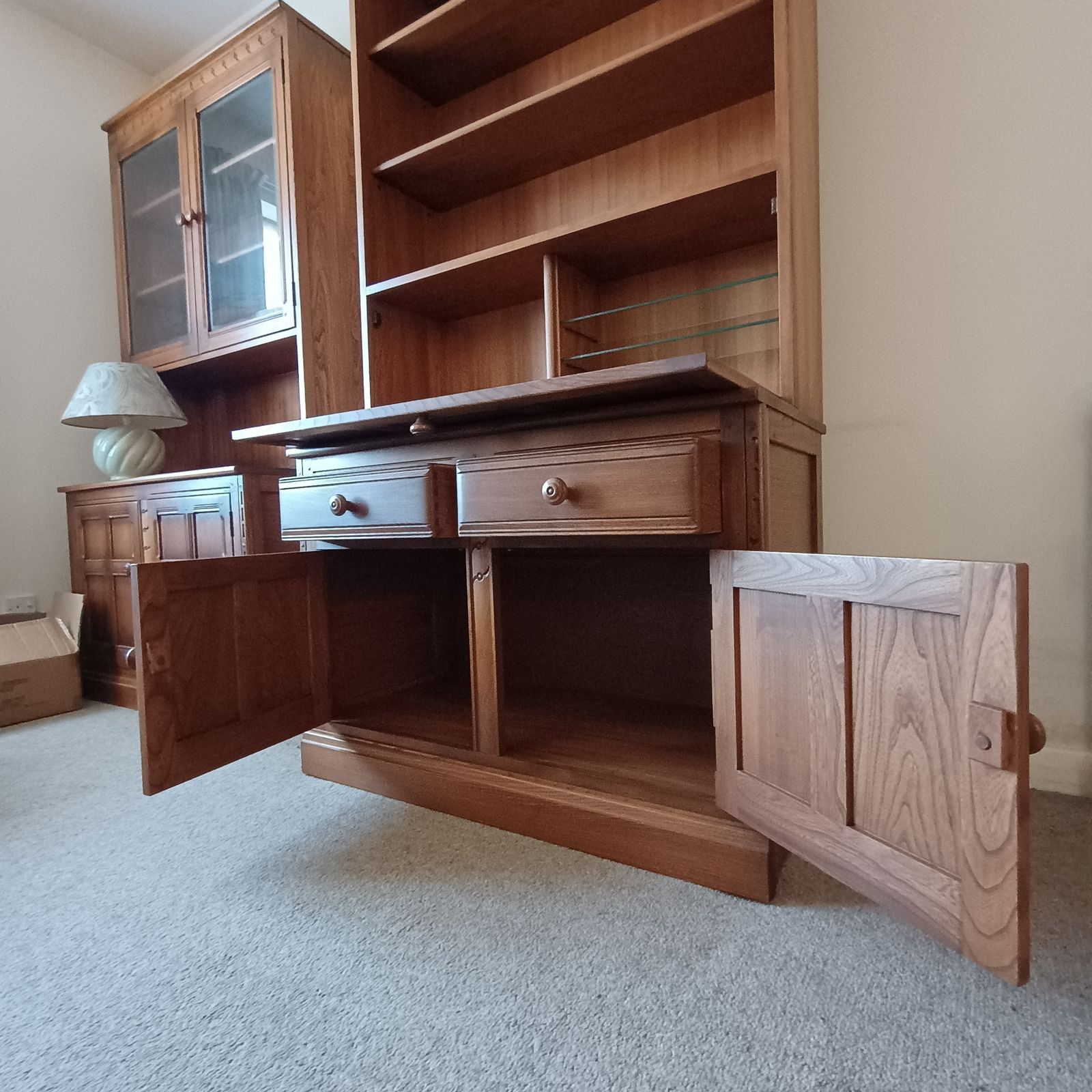 Ercol Old Colonial Cabinet With Mural Theme In Golden Dawn   Top Unit With Shelving And Drop Flap (584) And Base Unit (581) photo for sale