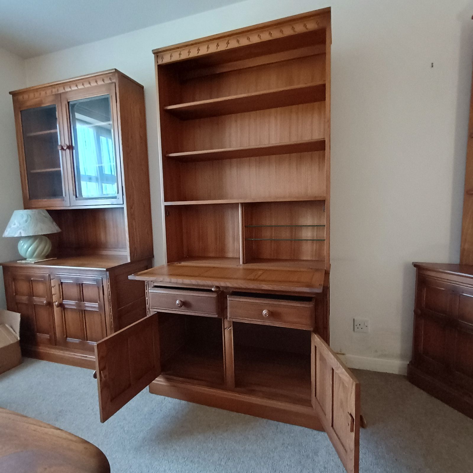 Ercol Old Colonial Cabinet With Mural Theme In Golden Dawn   Top Unit With Shelving And Drop Flap (584) And Base Unit (581) photo 340.0