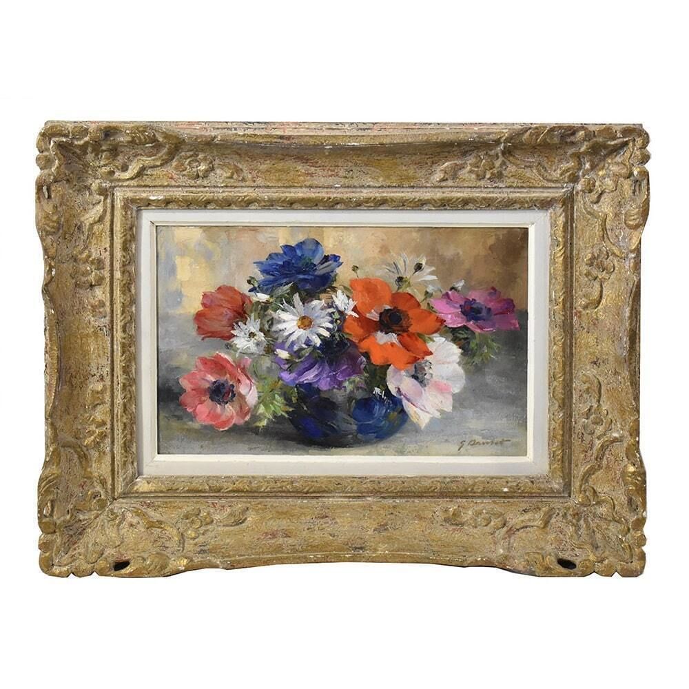 Antique Flower Painting, Art Deco, Anemones And Daisies Flowers, Oil On Canvas, Early XX Century. (Qf622)