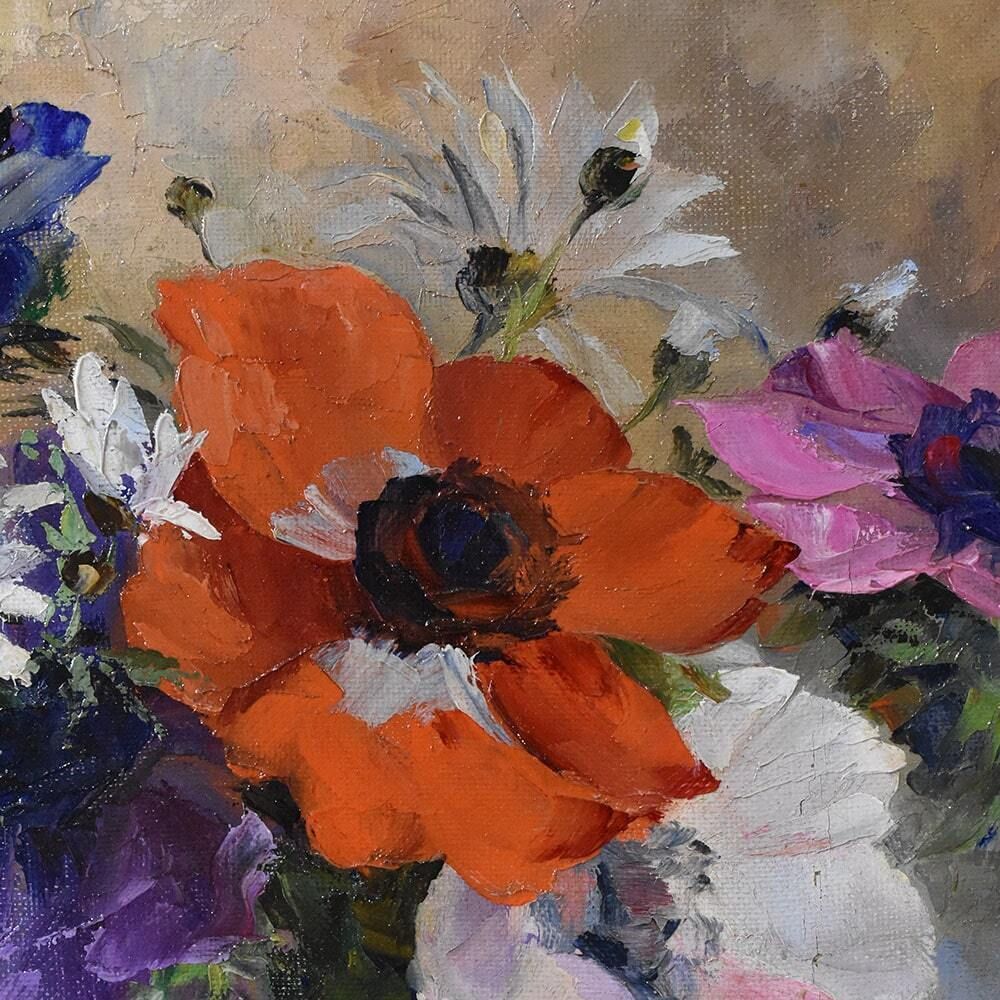 Antique Flower Painting, Art Deco, Anemones And Daisies Flowers, Oil On Canvas, Early XX Century. (Qf622) photo vinterior
