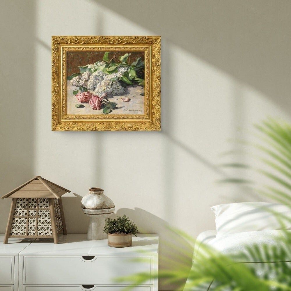 Art Nouveau Still Life Painting, Flowers Painting, Roses And Lilacs, Oil On Canvas, Antique Painting, XX. (Qf627) photo furniture