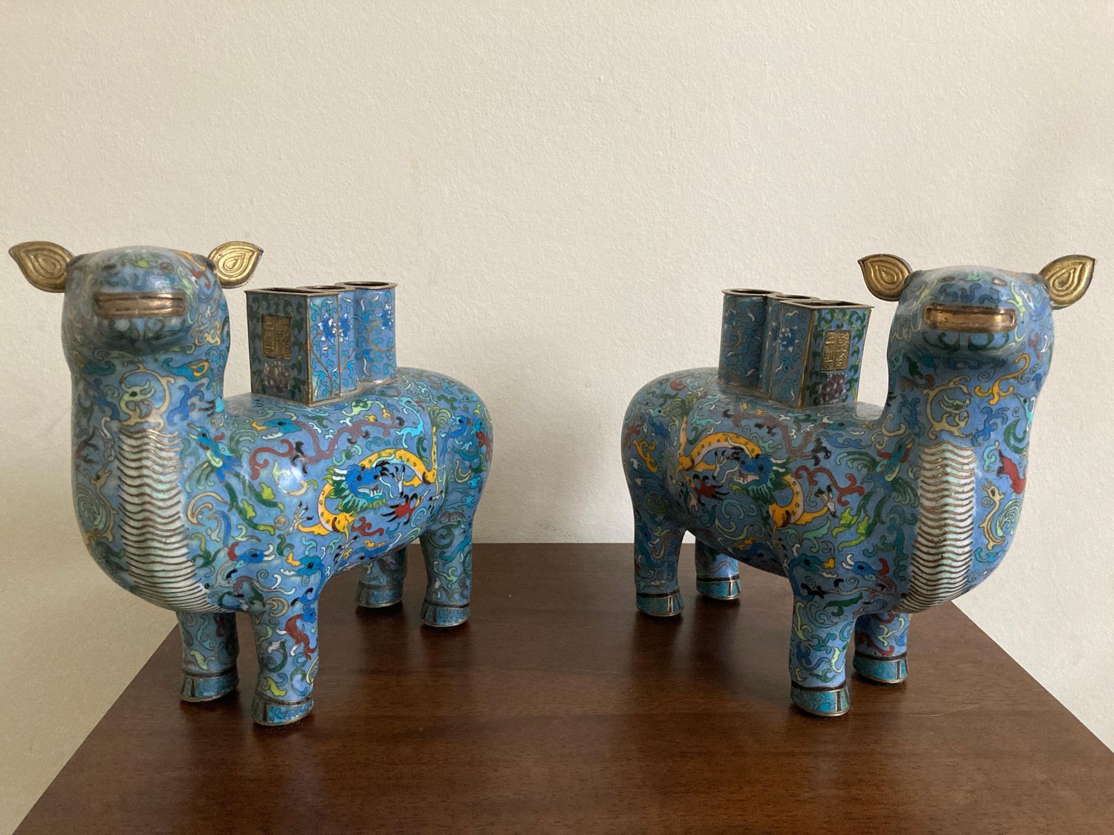 Pair Of Chinese Cloisonné Llama Vases photo vintage
