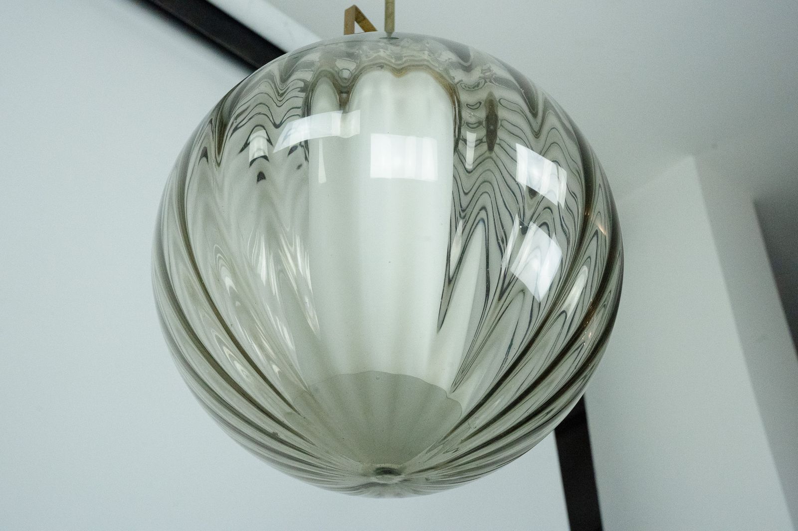 Mid Century Murano Smoked Glass Chandelier With Opaline Diffuser, Italy 1950s photo for sale