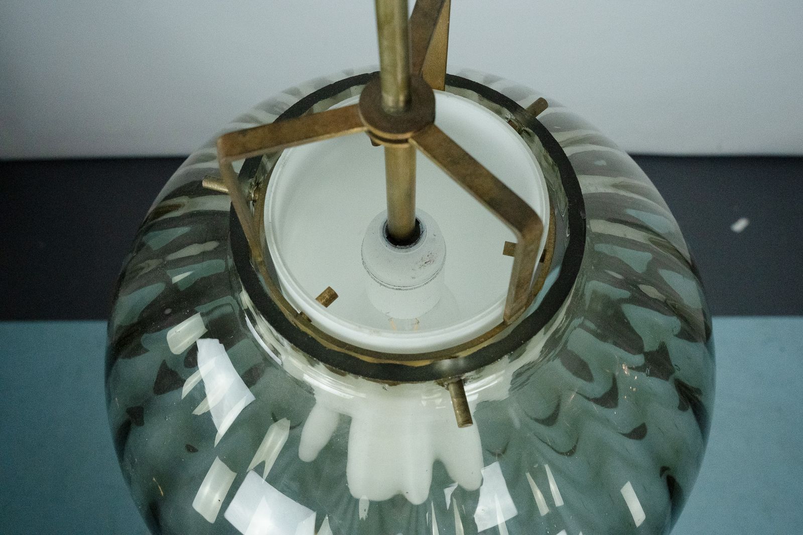 Mid Century Murano Smoked Glass Chandelier With Opaline Diffuser, Italy 1950s photo Lighting