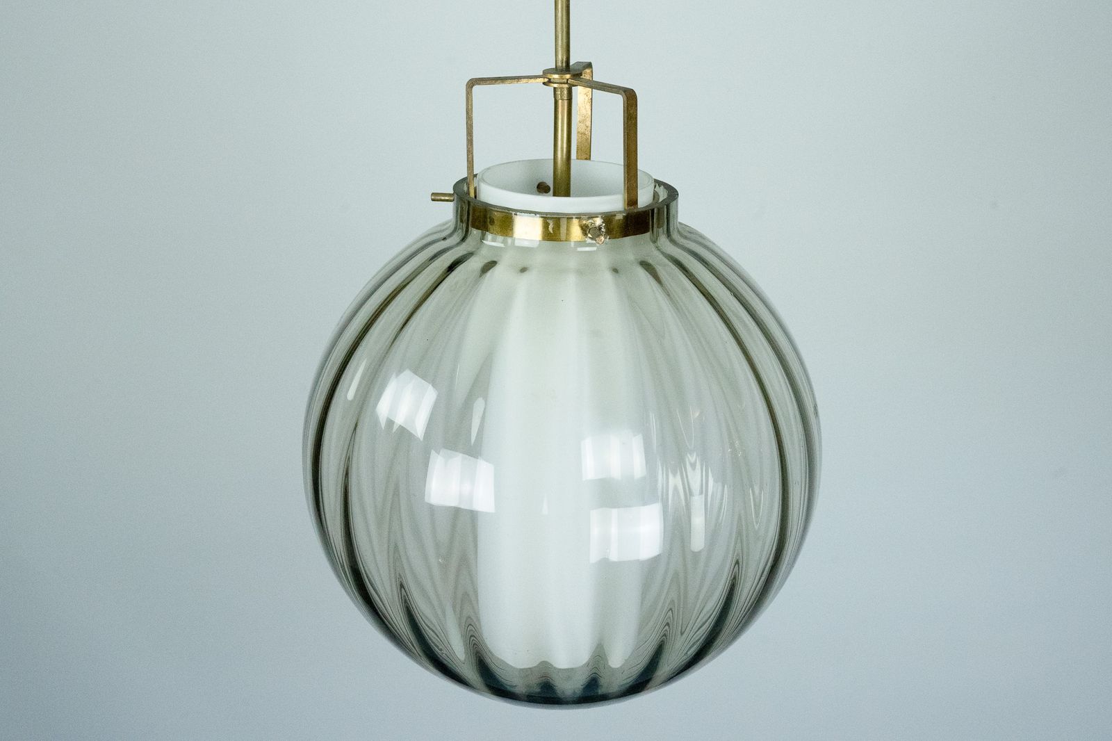 Mid Century Murano Smoked Glass Chandelier With Opaline Diffuser, Italy 1950s photo vintage