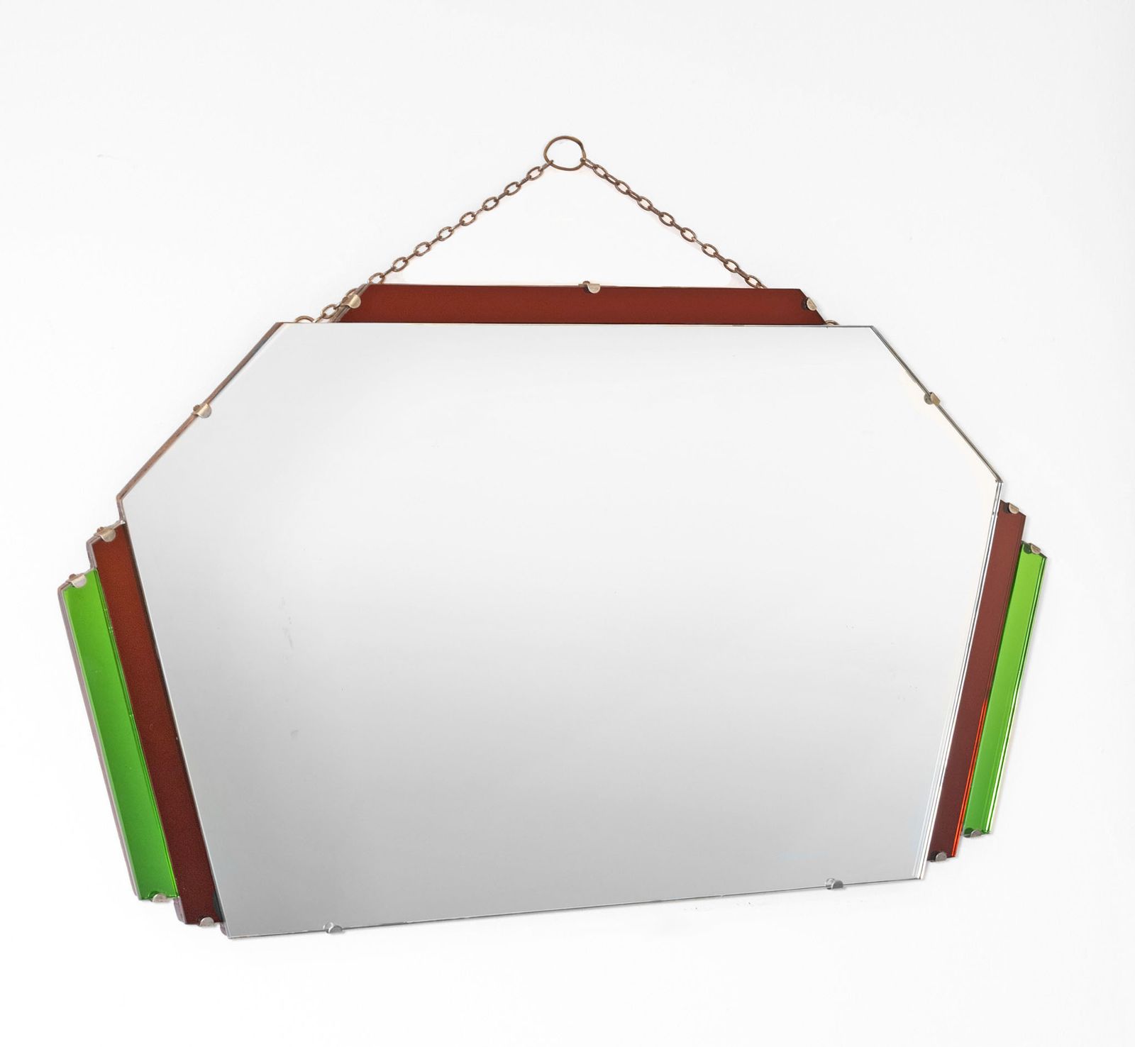 Original English Art Deco Geometric Wall Mirror Red & Green 1930