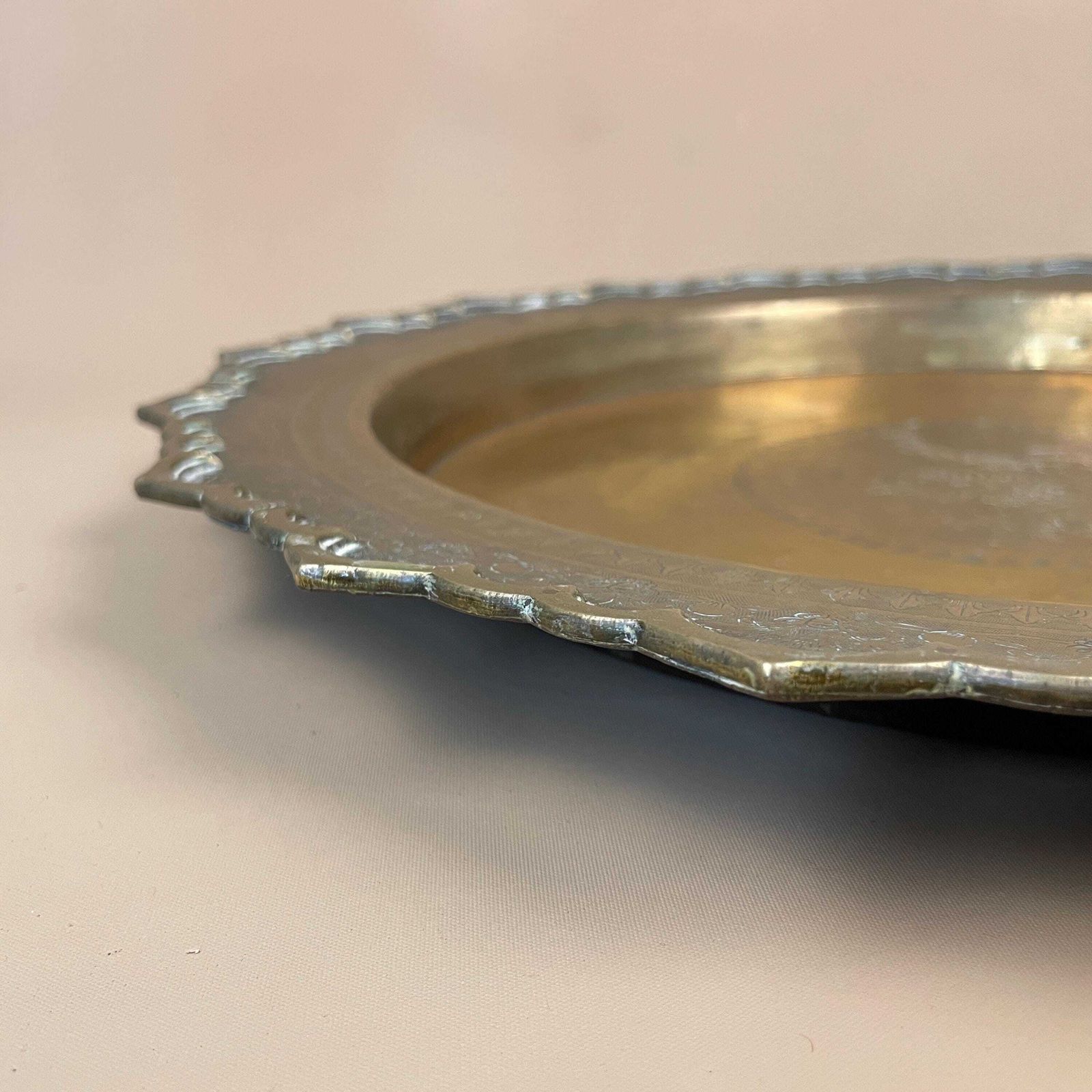 Antique Metal Gold Indian Patterned Brass Tray 42cm Plate Asian Handmade Etched Intricate Decorative Pattern Bird Scallop Art Round Vintage photo furniture