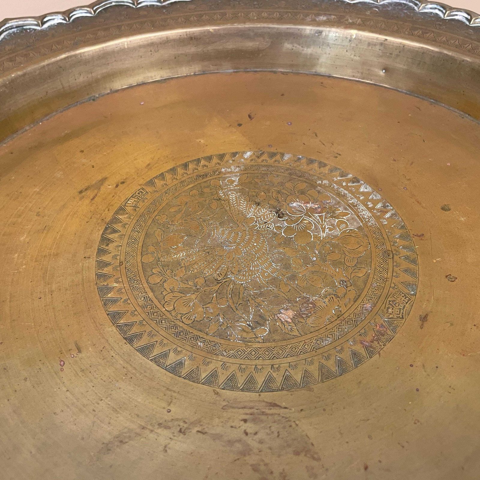 Antique Metal Gold Indian Patterned Brass Tray 42cm Plate Asian Handmade Etched Intricate Decorative Pattern Bird Scallop Art Round Vintage photo for sale