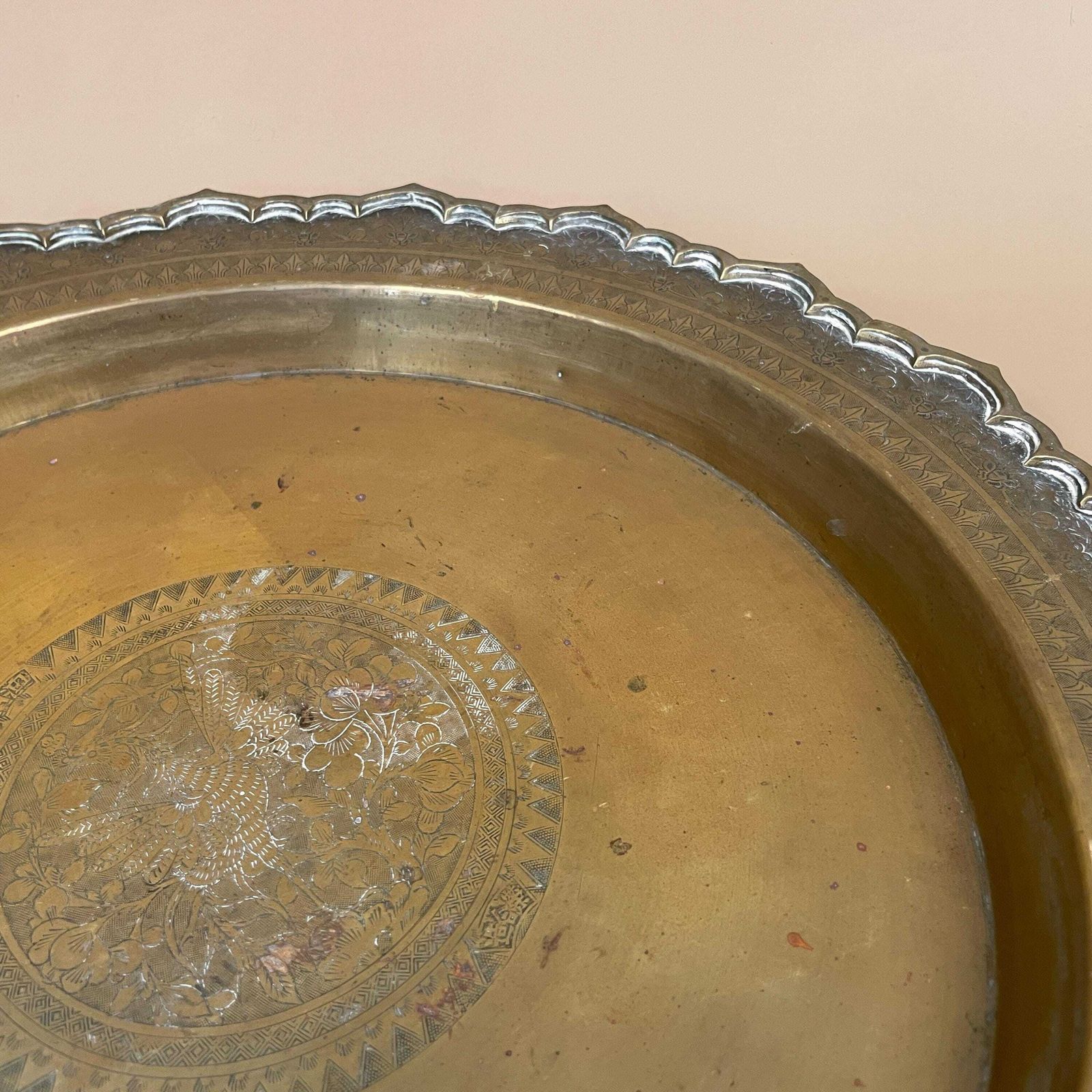 photo furniture Antique Metal Gold Indian Patterned Brass Tray 42cm Plate Asian Handmade Etched Intricate Decorative Pattern Bird Scallop Art Round Vintage