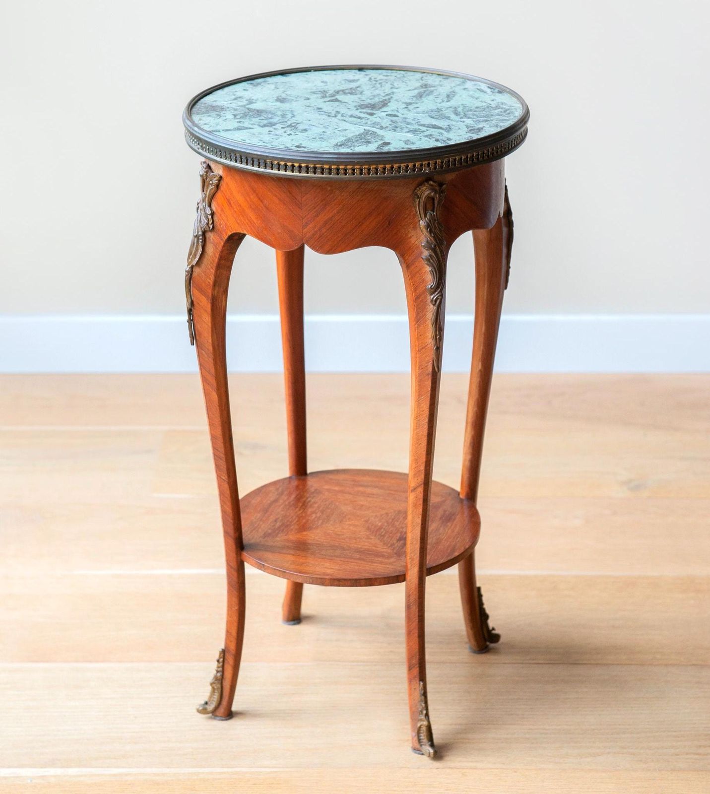 Antique French Side Table, Marble Top, Brass Edge, Louis XVI Style, Baroque Round Accent Table