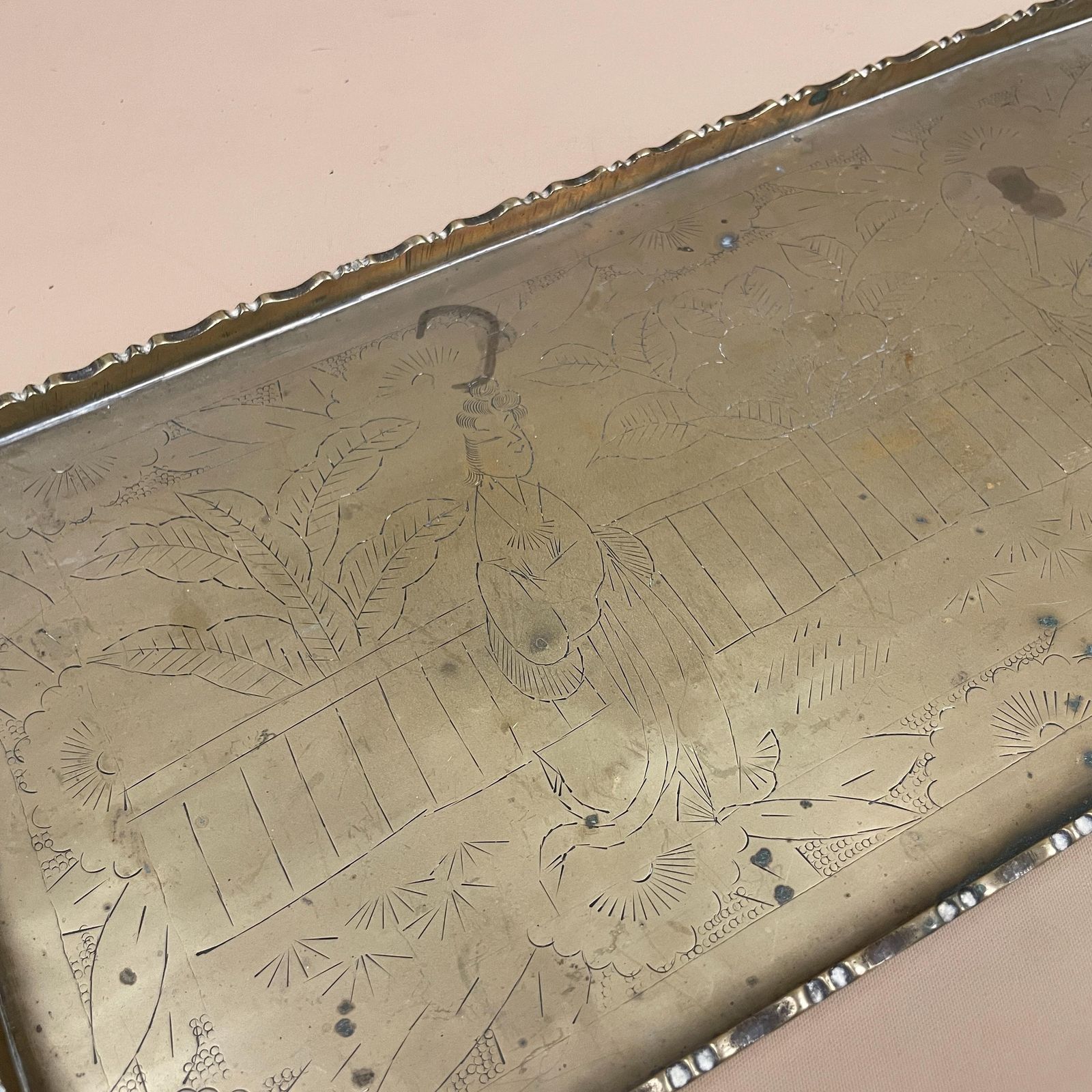 Antique Metal Gold Chinese Oriental Patterned Brass Tray 38x18cm Plate Rectangle Handmade Etched Intricate Decorative Wall Vintage Display photo for sale