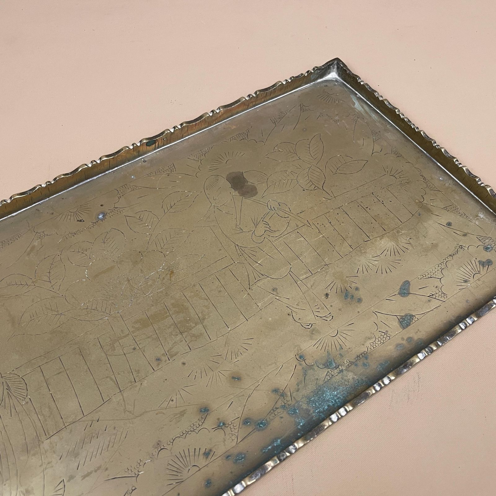 Antique Metal Gold Chinese Oriental Patterned Brass Tray 38x18cm Plate Rectangle Handmade Etched Intricate Decorative Wall Vintage Display photo Home Decor